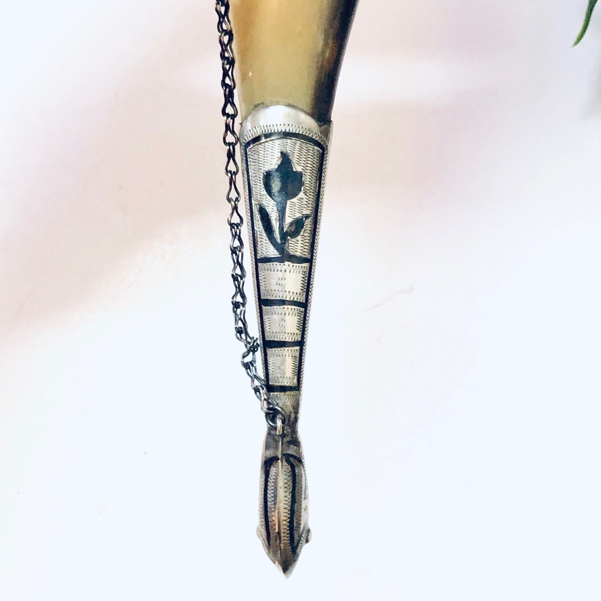 Vintage Horn, Horn Decor, Vintage Home Decor, Wall Decor, Horn Cup, Collectible, Silver Accent, Engraved Silver, Wall Hanging, Small Horn
