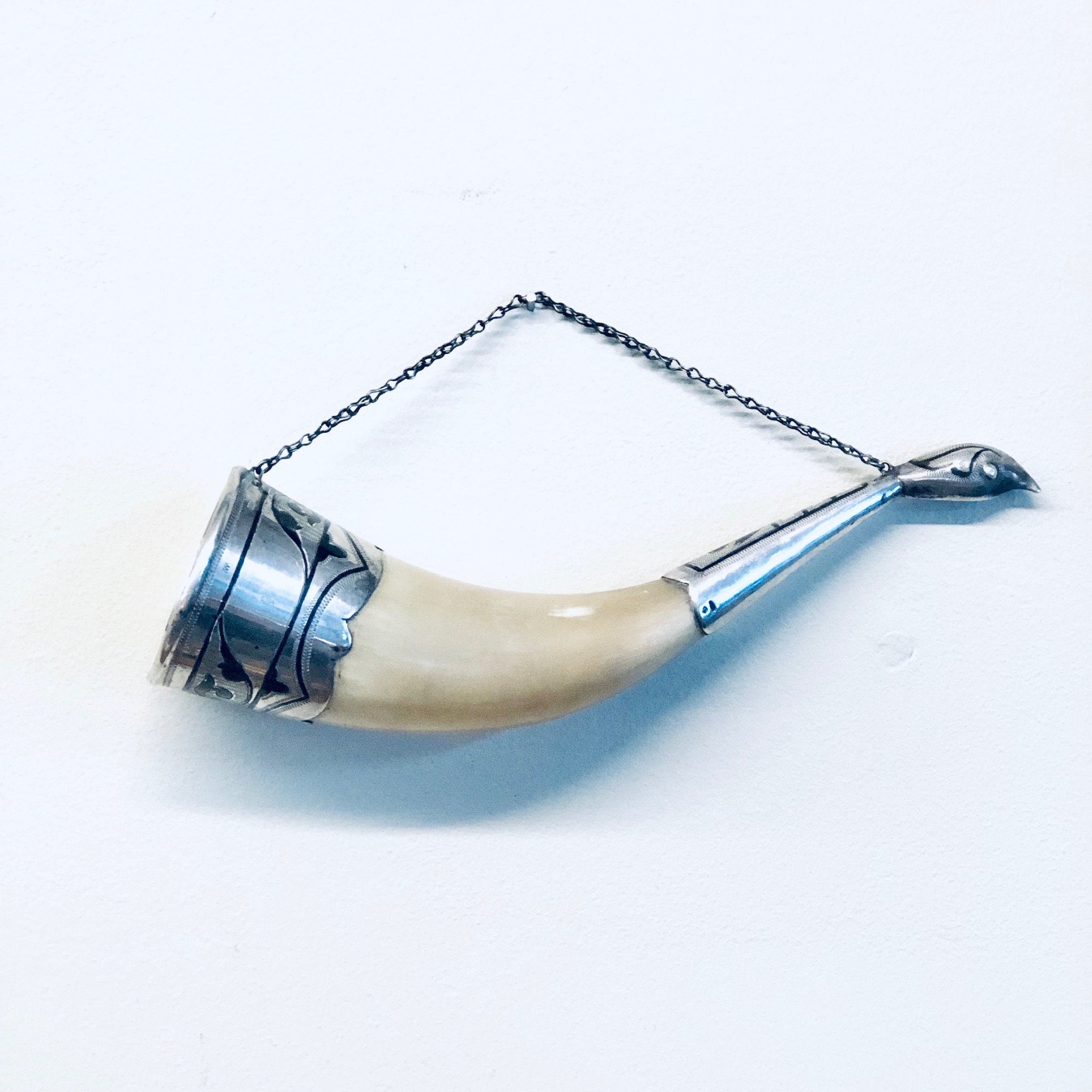 Vintage Horn, Horn Decor, Vintage Home Decor, Wall Decor, Horn Cup, Collectible, Silver Accent, Engraved Silver, Wall Hanging, Small Horn