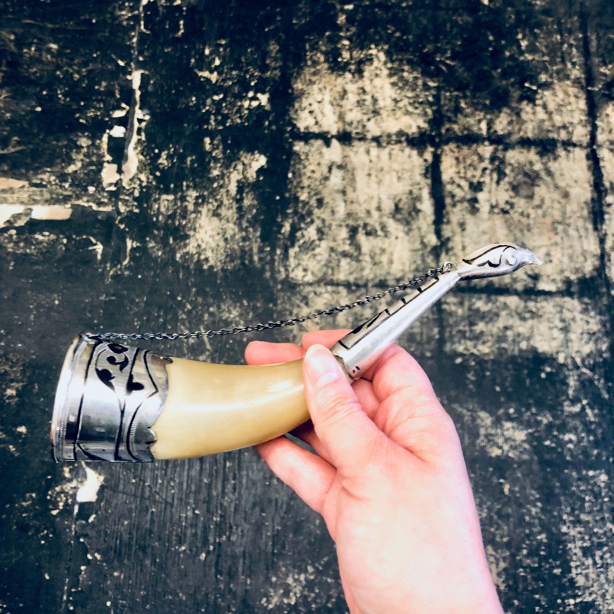 Vintage Horn, Horn Decor, Vintage Home Decor, Wall Decor, Horn Cup, Collectible, Silver Accent, Engraved Silver, Wall Hanging, Small Horn