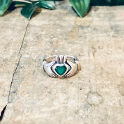 Vintage Ring, Silver Ring, Claddagh Ring, Green Enamel, Green and Silver, Heart Ring, Hand Jewelry, Love Ring, Loyalty Jewelry, 925 Ring