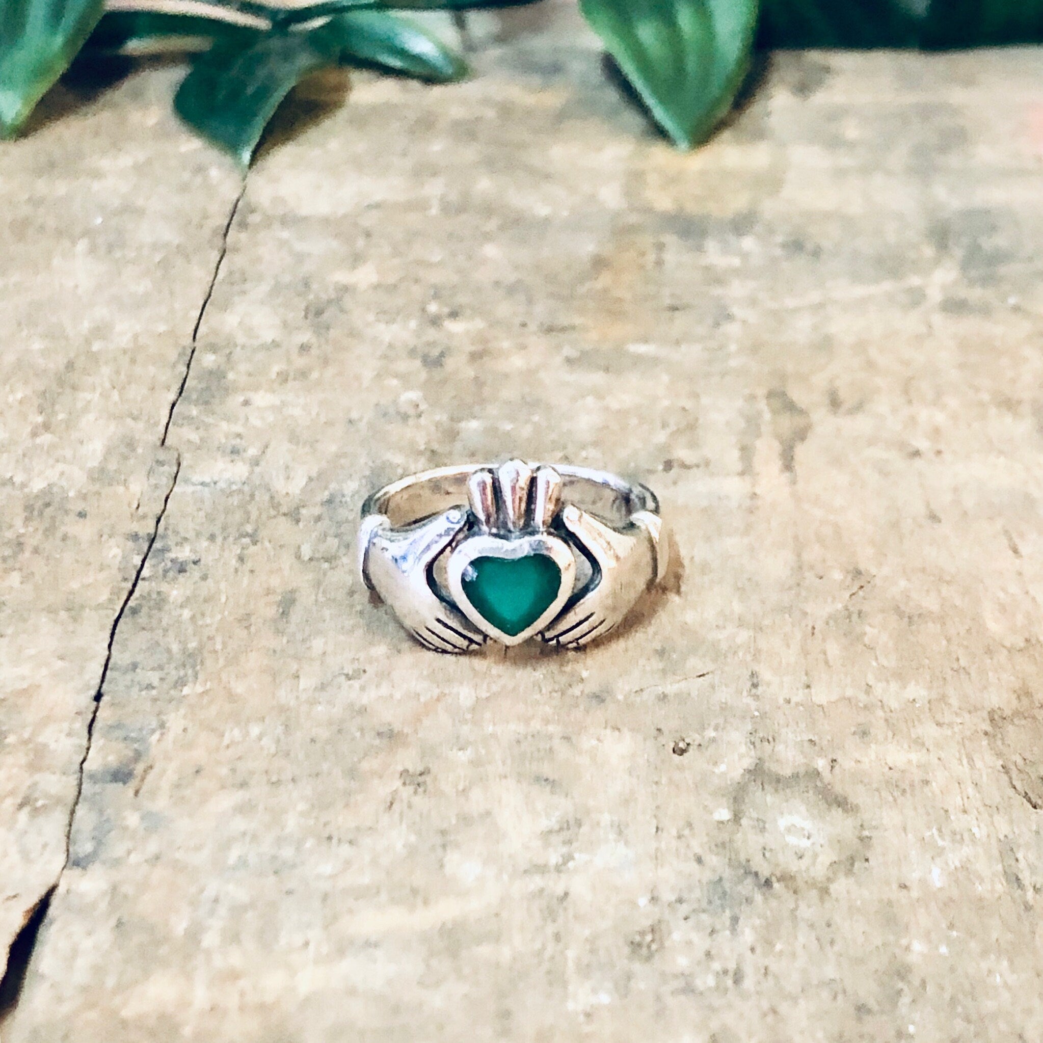 Vintage Ring, Silver Ring, Claddagh Ring, Green Enamel, Green and Silver, Heart Ring, Hand Jewelry, Love Ring, Loyalty Jewelry, 925 Ring