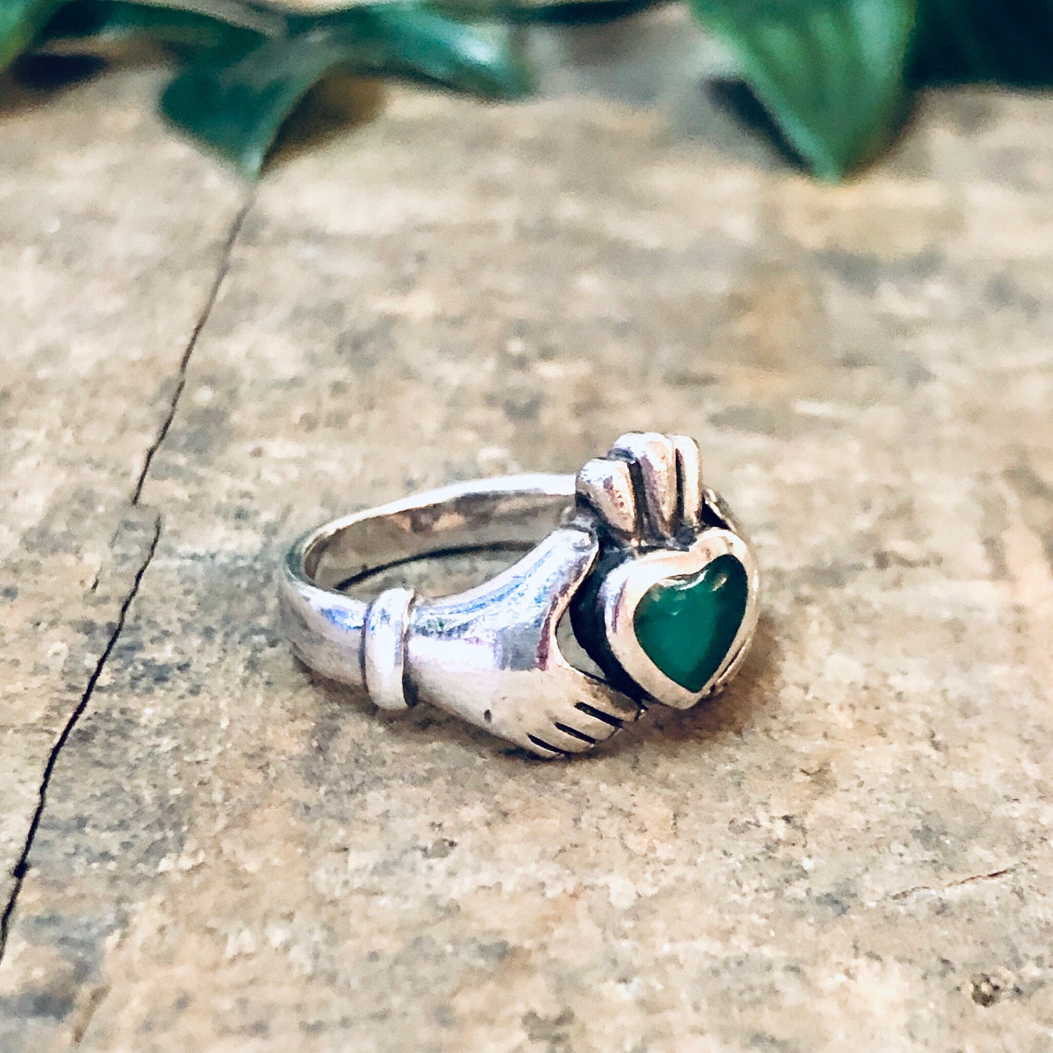 Vintage Ring, Silver Ring, Claddagh Ring, Green Enamel, Green and Silver, Heart Ring, Hand Jewelry, Love Ring, Loyalty Jewelry, 925 Ring