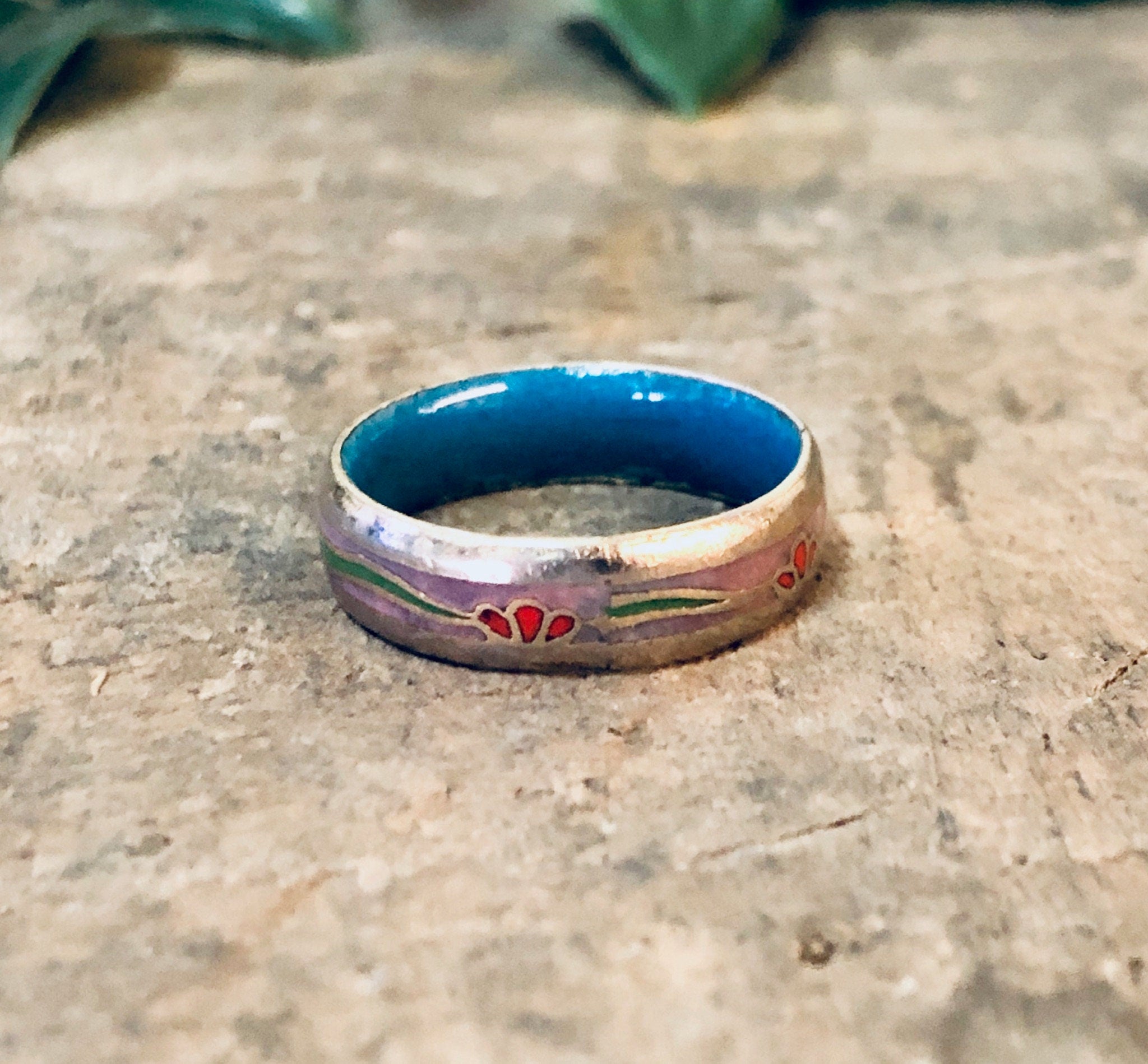 Vintage Ring, Cloissone Ring, Cloissone Jewelry, Thin Band Ring, Enamel Ring, Flower Design, Floral Ring, Vintage Jewelry, Copper Ring, Blue