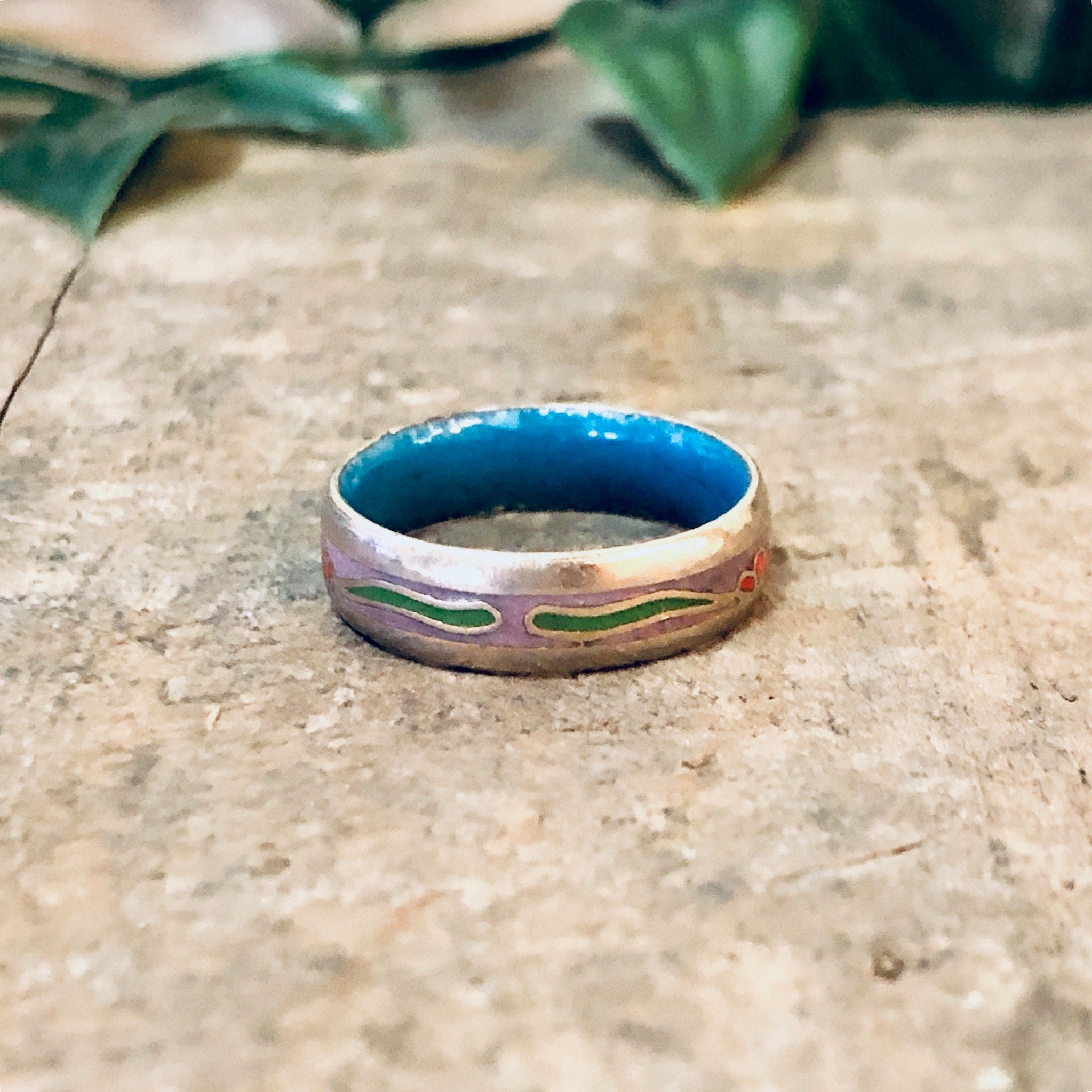 Vintage Ring, Cloissone Ring, Cloissone Jewelry, Thin Band Ring, Enamel Ring, Flower Design, Floral Ring, Vintage Jewelry, Copper Ring, Blue