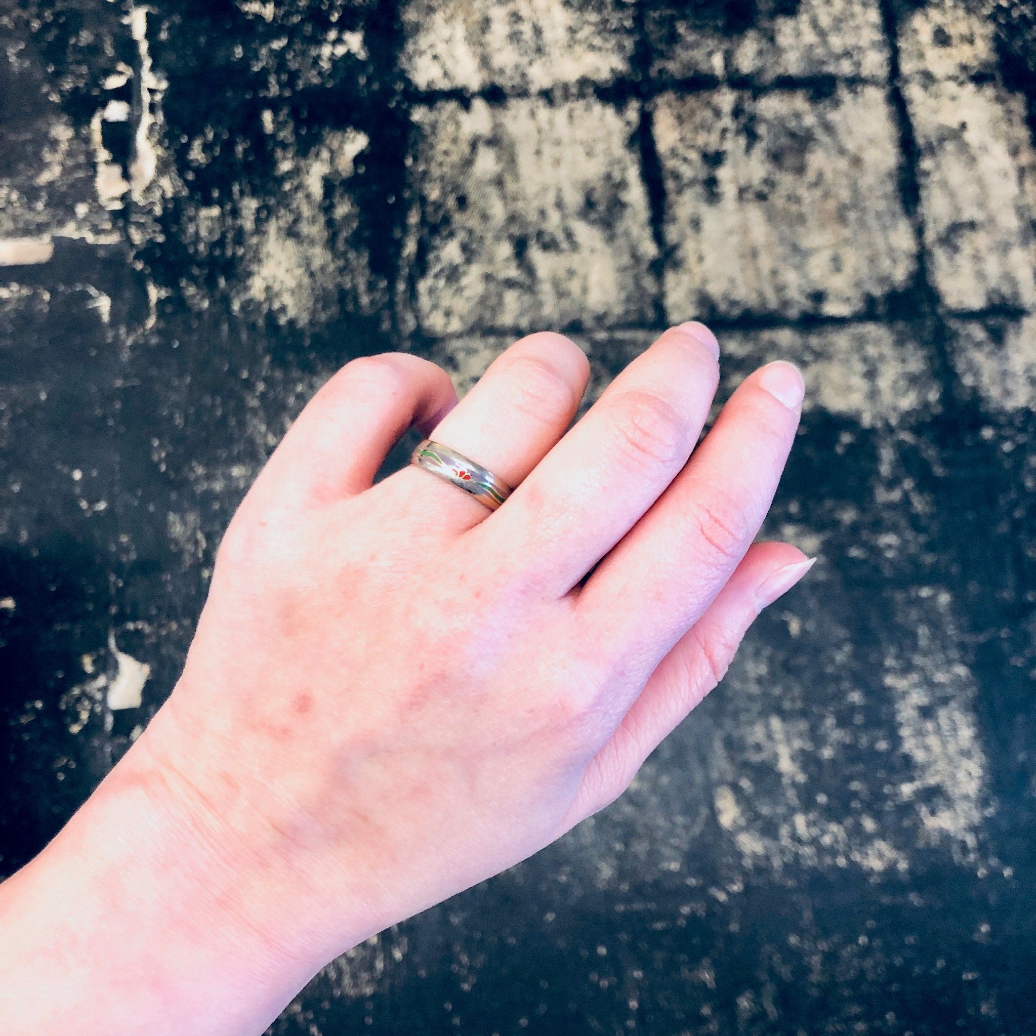 Vintage Ring, Cloissone Ring, Cloissone Jewelry, Thin Band Ring, Enamel Ring, Flower Design, Floral Ring, Vintage Jewelry, Copper Ring, Blue
