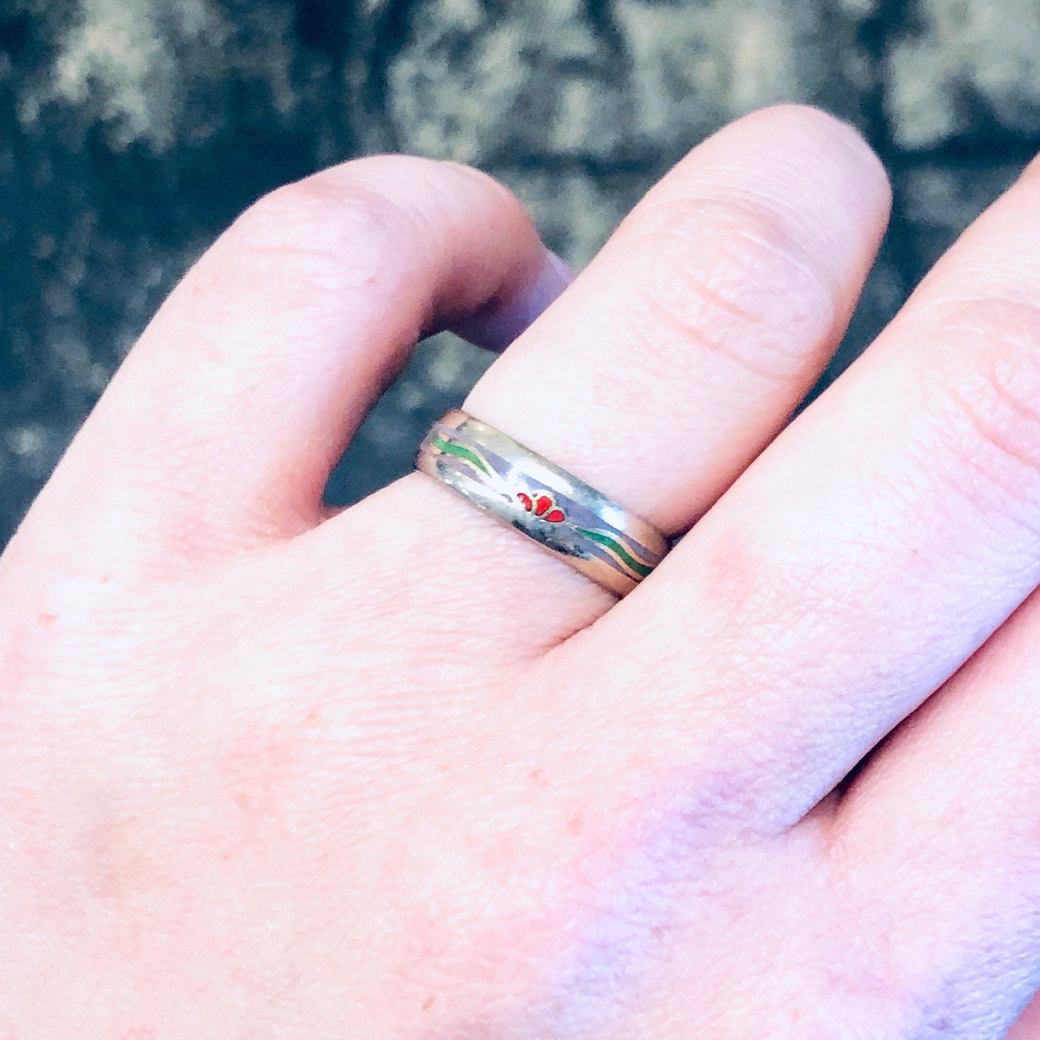 Vintage Ring, Cloissone Ring, Cloissone Jewelry, Thin Band Ring, Enamel Ring, Flower Design, Floral Ring, Vintage Jewelry, Copper Ring, Blue