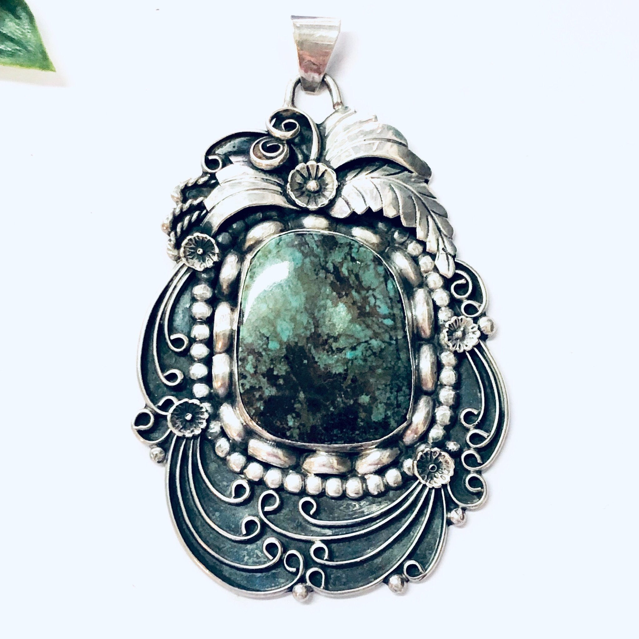 Vintage Pendant, Large Pendant, Silver Pendant, Ornate Jewelry, Vintage Jewelry, Unique Jewelry, Flower Pendant, Vintage Necklace, Jasper