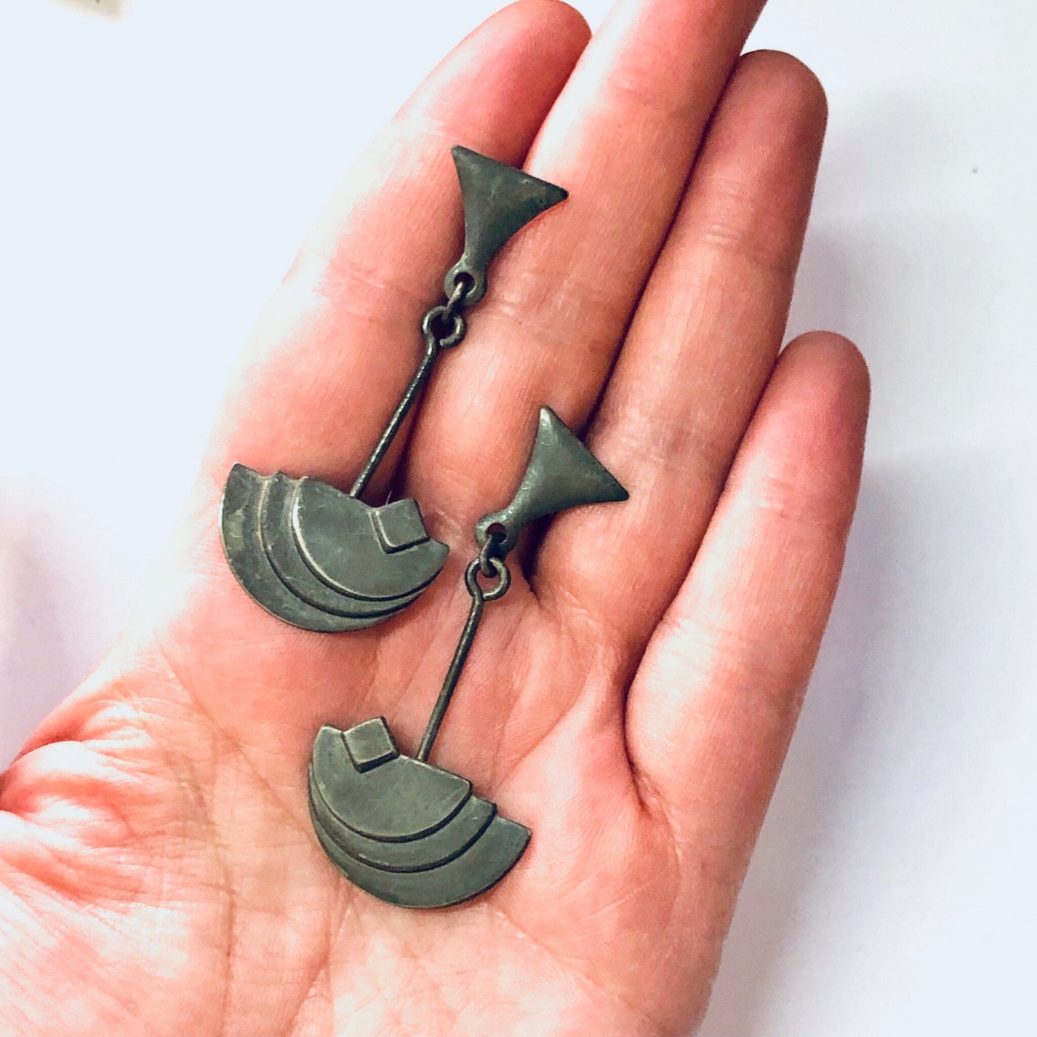 Vintage Earrings, Unique Jewelry, Silver Tone Earrings, Pierced Ears, Dangle Earrings, Statement Jewelry, Vintage Jewelry, Geometric Earring