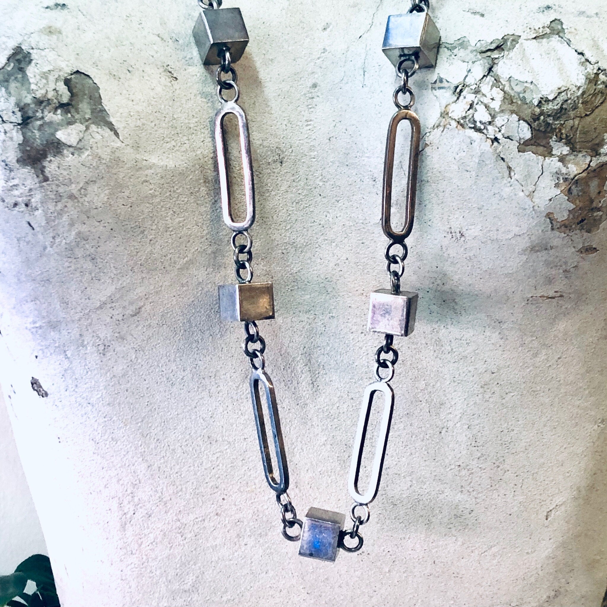 Vintage Necklace, Silver Necklace, Long Necklace, Long Chain, Vintage Jewelry, Geometric Jewelry, Unique Necklace, Square Shapes, 925 Chain