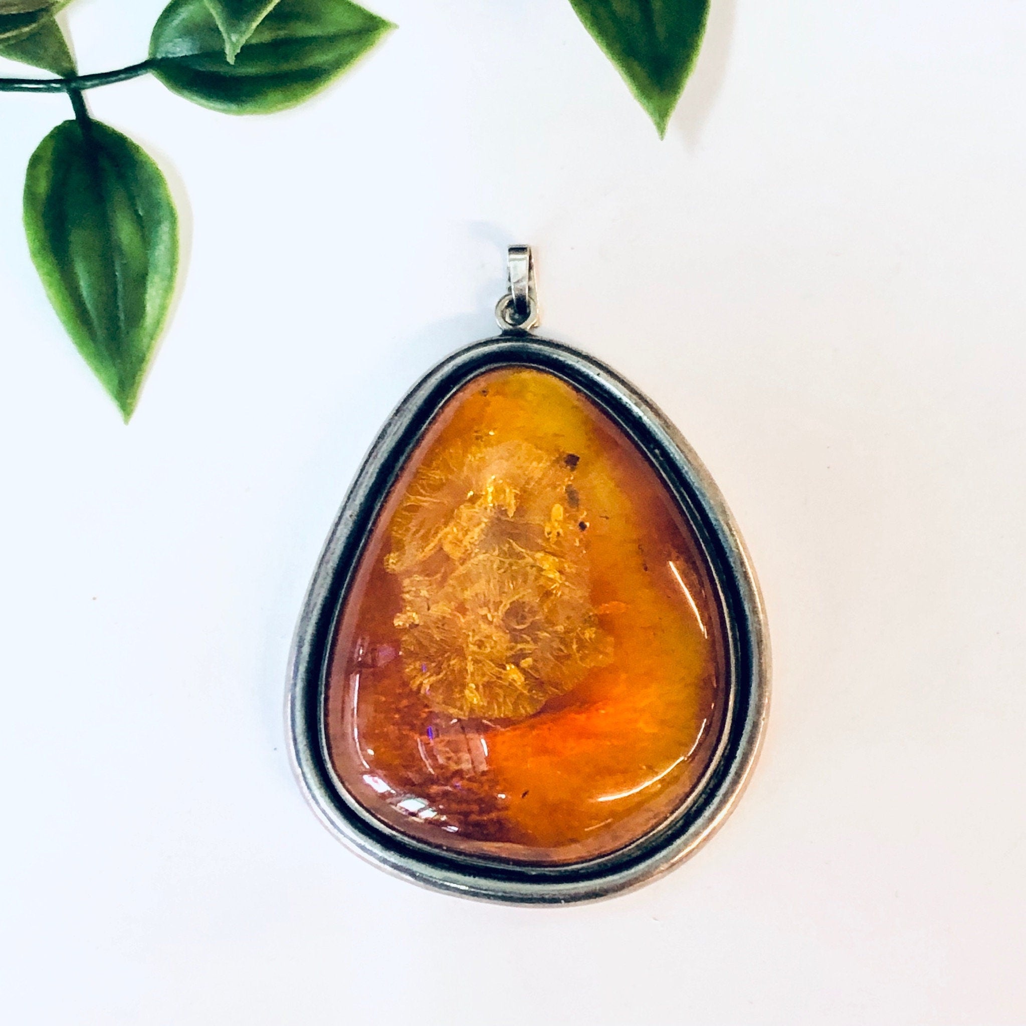 Vintage Pendant, Amber Pendant, Orange Amber, Vintage Jewelry, Silver Pendant, Vintage Necklace, Large Amber, Large Pendant, Statement Piece