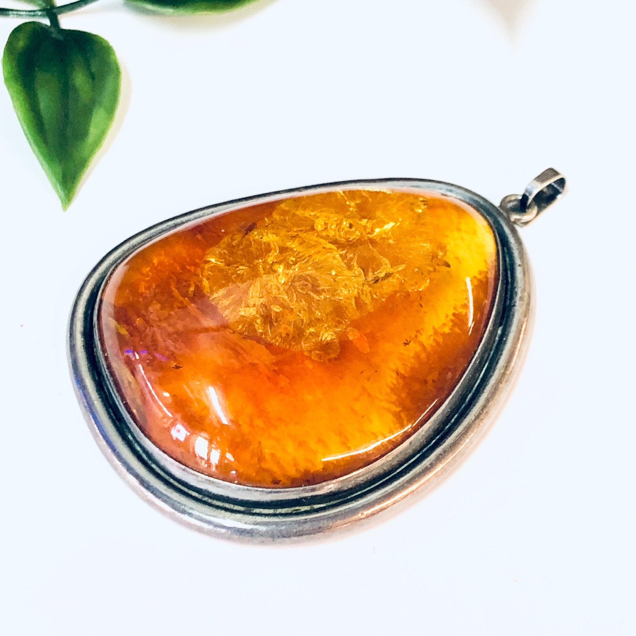 Vintage Pendant, Amber Pendant, Orange Amber, Vintage Jewelry, Silver Pendant, Vintage Necklace, Large Amber, Large Pendant, Statement Piece