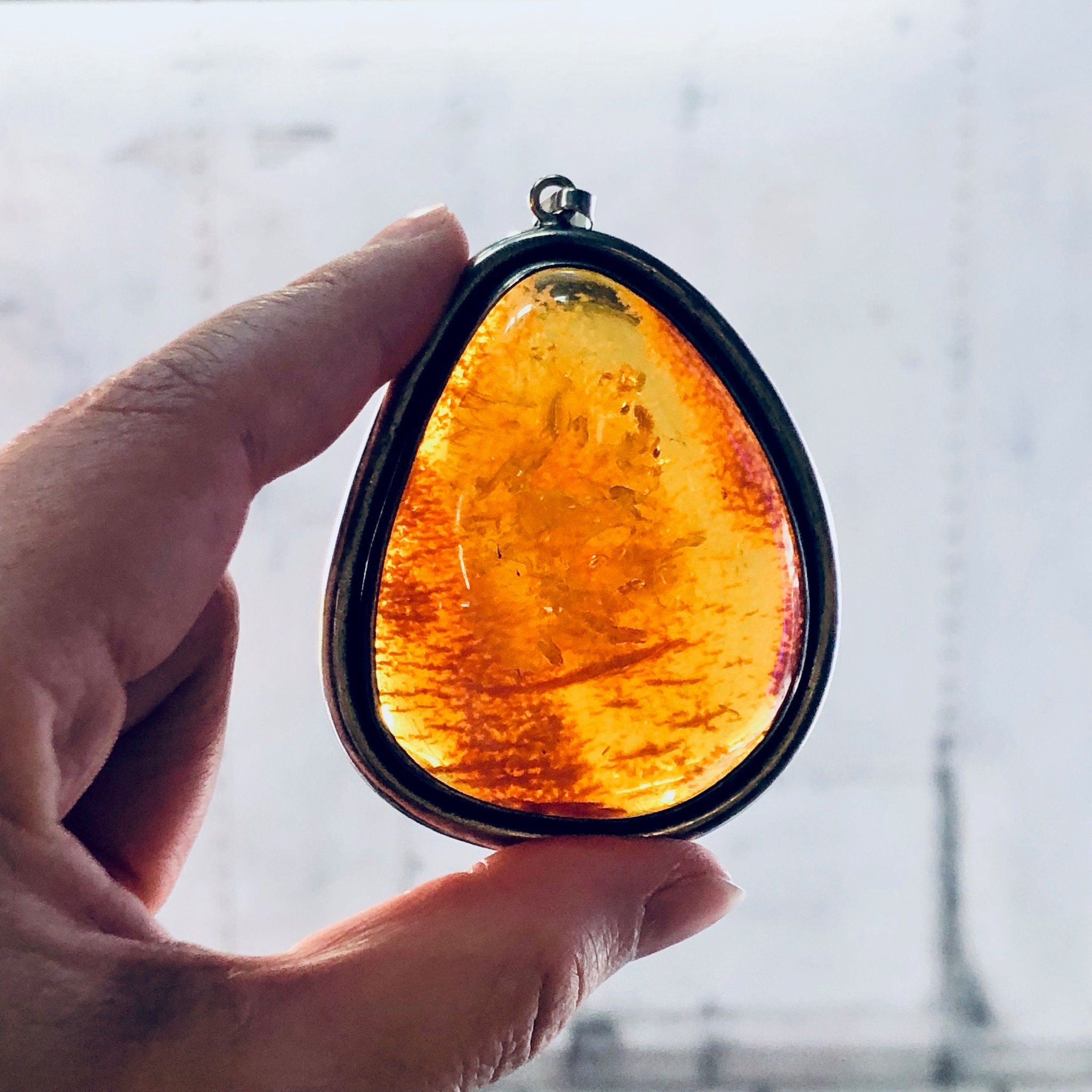 Vintage Pendant, Amber Pendant, Orange Amber, Vintage Jewelry, Silver Pendant, Vintage Necklace, Large Amber, Large Pendant, Statement Piece