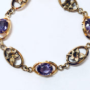 Vintage Bracelet, Link Bracelet, Costume Jewelry, Purple Stones, Flower Bracelet, Floral Design, Gold Toned Jewelry, Purple and Gold, Unique