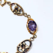 Vintage Bracelet, Link Bracelet, Costume Jewelry, Purple Stones, Flower Bracelet, Floral Design, Gold Toned Jewelry, Purple and Gold, Unique