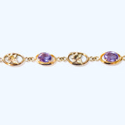 Vintage Bracelet, Link Bracelet, Costume Jewelry, Purple Stones, Flower Bracelet, Floral Design, Gold Toned Jewelry, Purple and Gold, Unique
