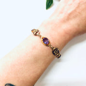 Vintage Bracelet, Link Bracelet, Costume Jewelry, Purple Stones, Flower Bracelet, Floral Design, Gold Toned Jewelry, Purple and Gold, Unique