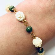 Vintage Bracelet, Floral Bracelet, Carved Flower, Flower Bracelet, Green Jewelry, Gold Toned Bracelet, Costume Jewelry, White Flower, Gold