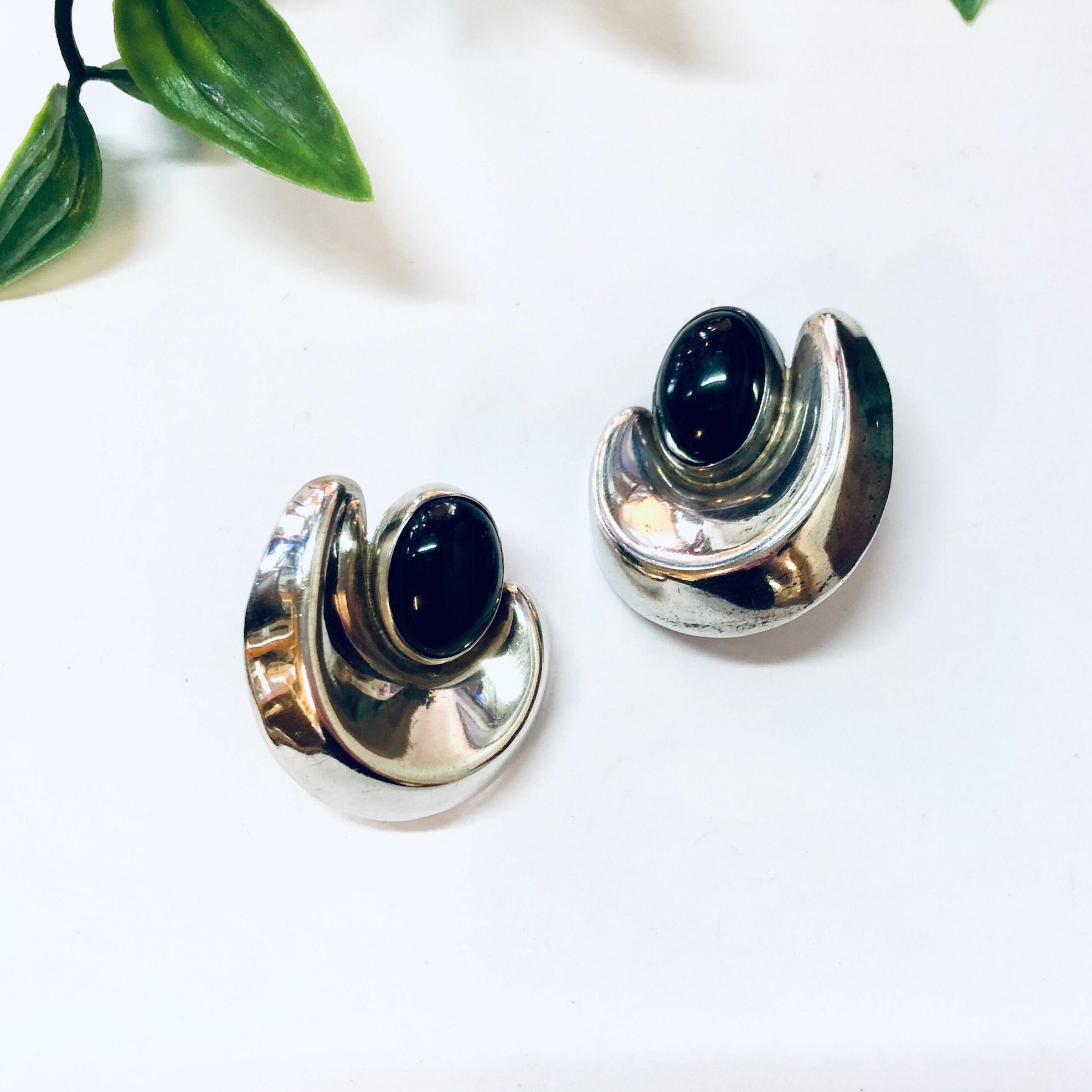Vintage Earrings, Silver Earrings, Black Onyx, Onyx Jewelry, Vintage Jewelry, Statement Jewelry, Pierced Ears, Large Earrings, Unique Silver