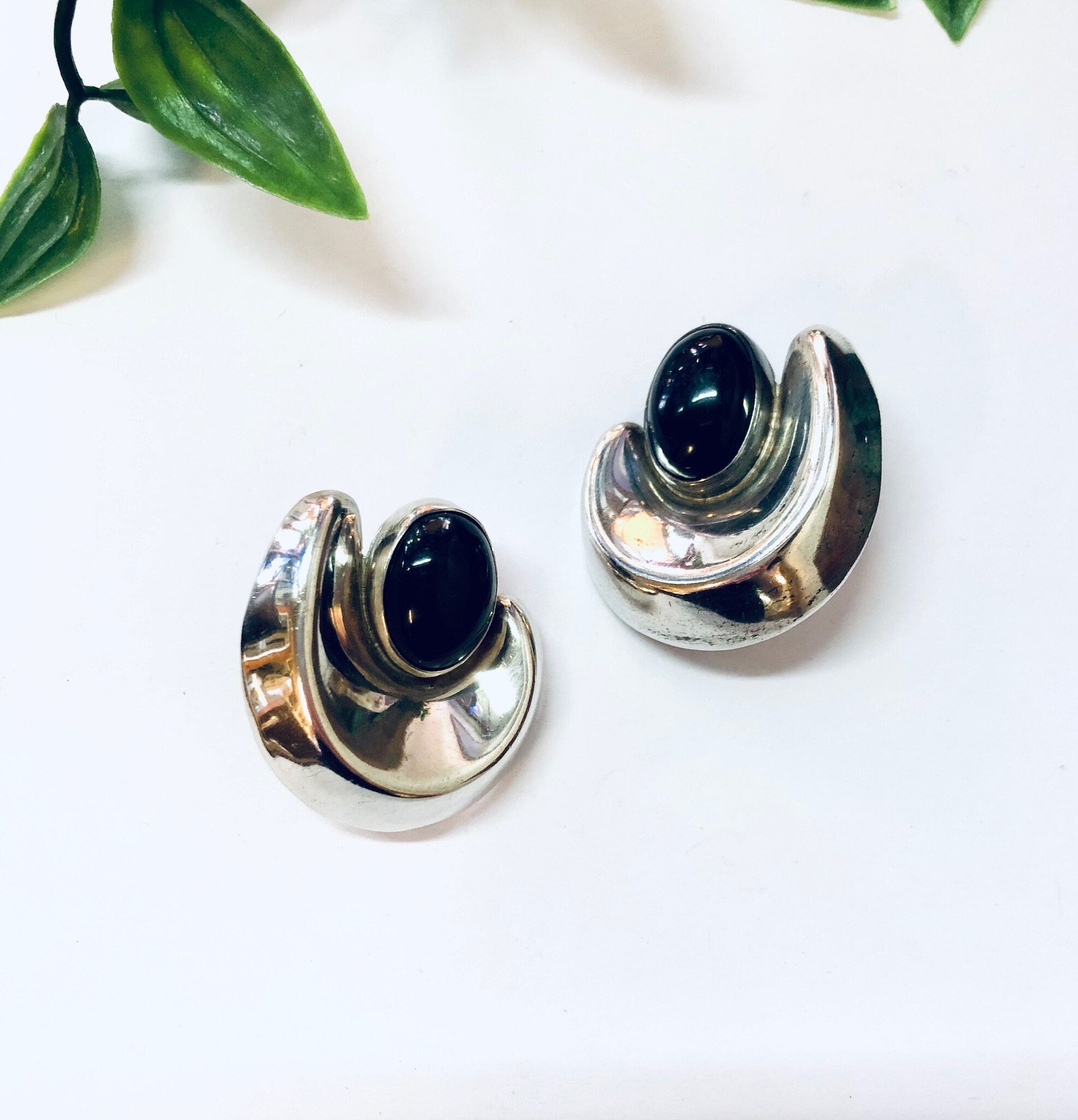 Vintage Earrings, Silver Earrings, Black Onyx, Onyx Jewelry, Vintage Jewelry, Statement Jewelry, Pierced Ears, Large Earrings, Unique Silver