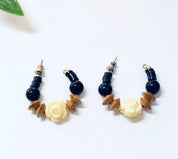 Vintage Earrings, Hoop Earrings, Small Hoops, Beaded Earrings, Flower Earrings, Wooden Beads, Black Beads, Carved Beads, Vintage Jewelry