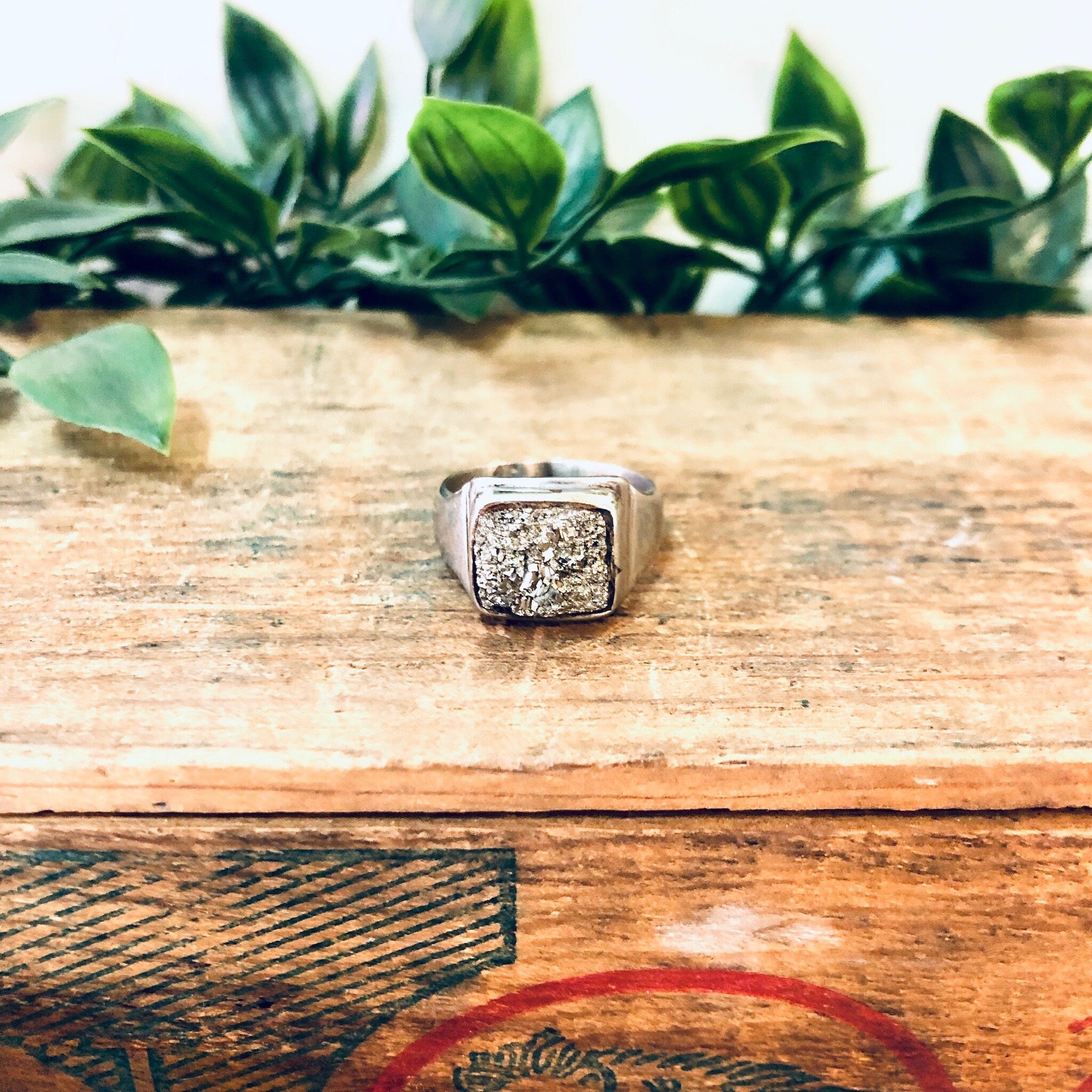 Vintage Ring, Silver Ring, Cocktail Ring, Quartz Ring, Raw Quartz, Unique Jewelry, Vintage Jewelry, Rare Ring, 925 Ring, Fools Gold, Square