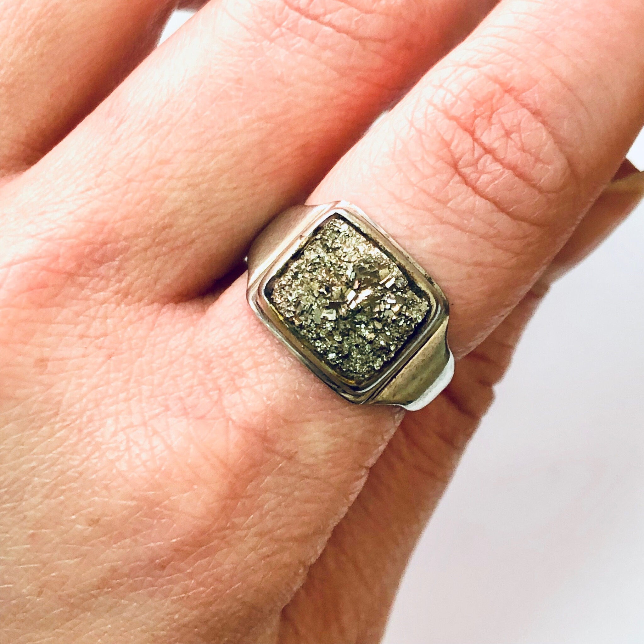 Vintage Ring, Silver Ring, Cocktail Ring, Quartz Ring, Raw Quartz, Unique Jewelry, Vintage Jewelry, Rare Ring, 925 Ring, Fools Gold, Square