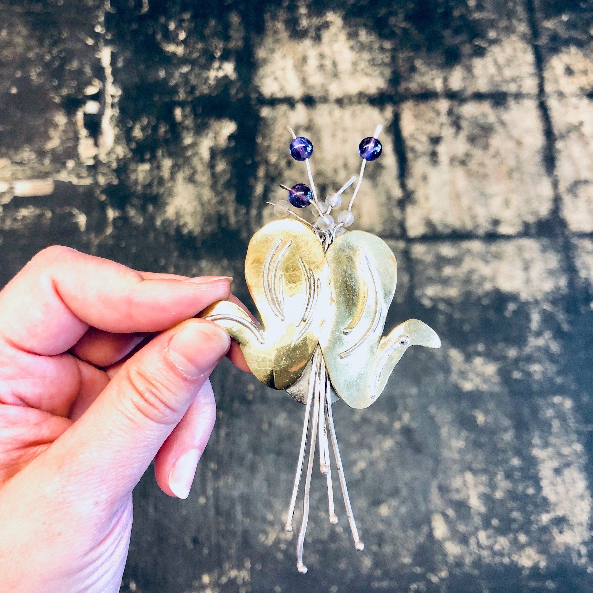 Vintage Brooch, Silver Brooch, Flower Brooch, Unique Jewelry, Vintage Pin, Signed Jewelry, Artist Brooch, Ruth Rosenfeld, Gold Toned Pin
