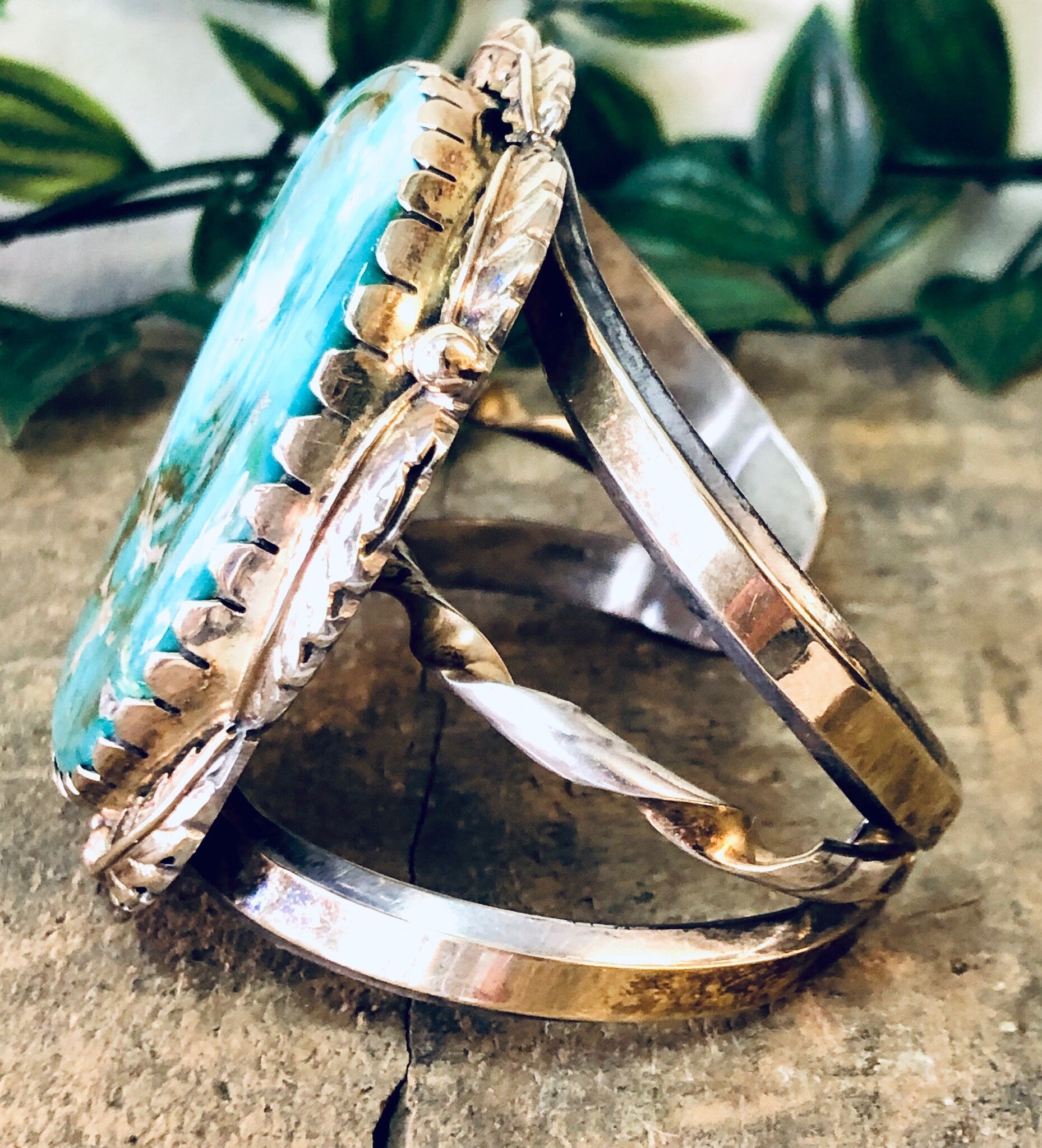 Vintage Bracelet, Cuff Bracelet, Turquoise Bracelet, Large Turquoise, 14K Gold Bracelet, Silver Bracelet, Silver and Gold, Vintage Jewelry,