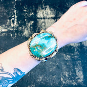 Vintage Bracelet, Cuff Bracelet, Turquoise Bracelet, Large Turquoise, 14K Gold Bracelet, Silver Bracelet, Silver and Gold, Vintage Jewelry,