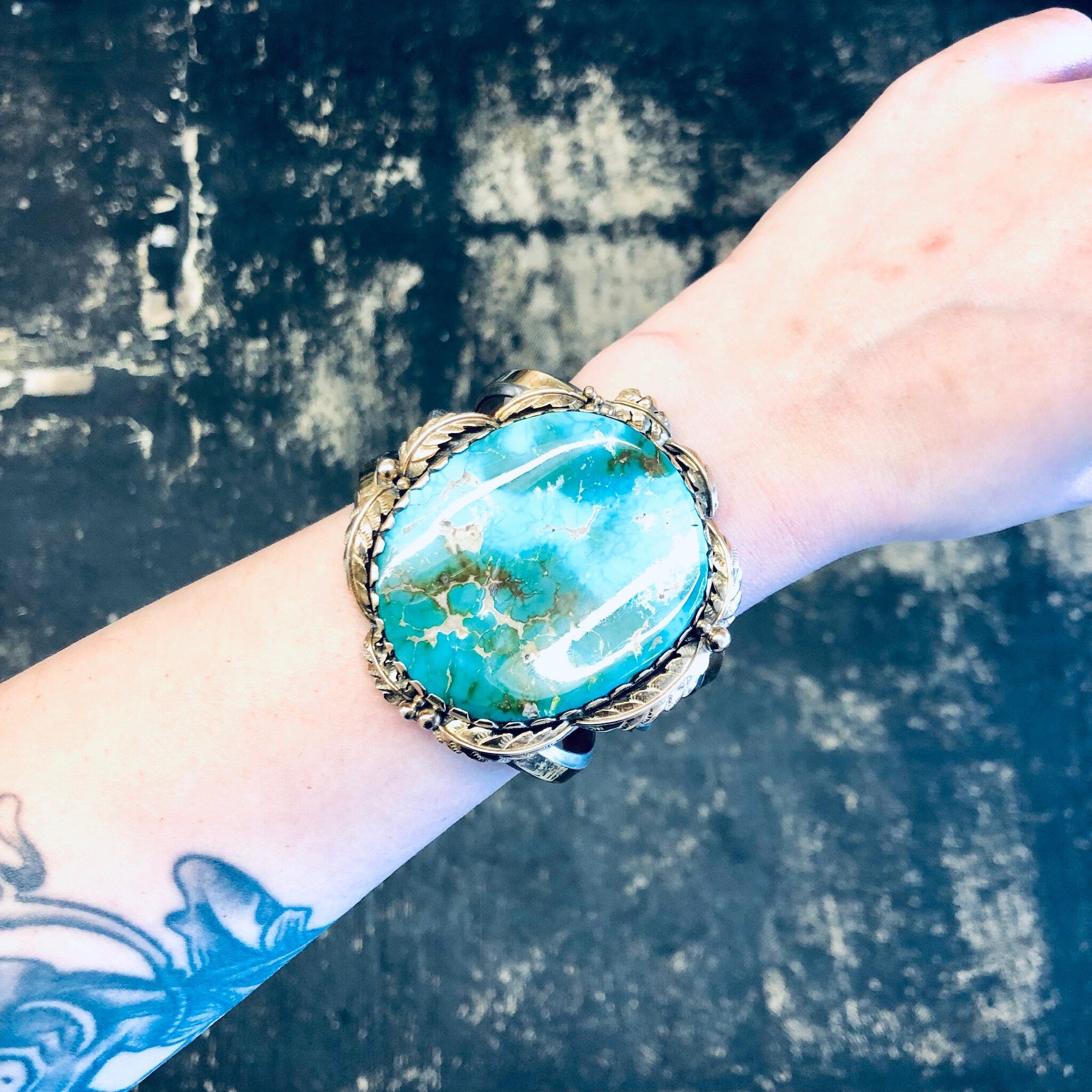 Vintage Bracelet, Cuff Bracelet, Turquoise Bracelet, Large Turquoise, 14K Gold Bracelet, Silver Bracelet, Silver and Gold, Vintage Jewelry,