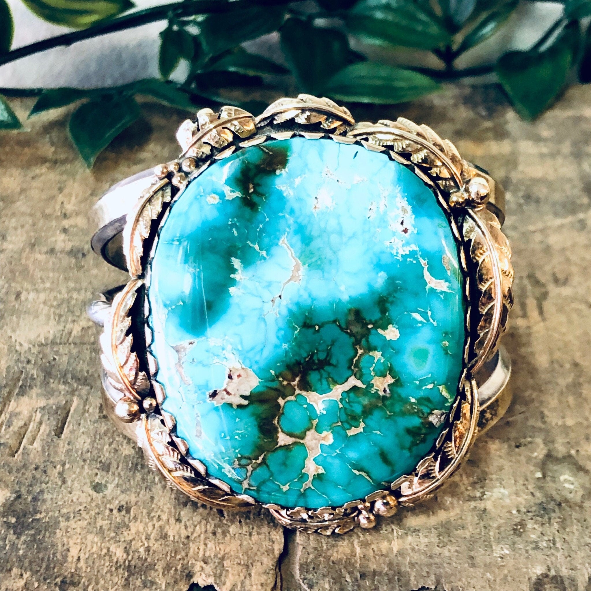 Vintage Bracelet, Cuff Bracelet, Turquoise Bracelet, Large Turquoise, 14K Gold Bracelet, Silver Bracelet, Silver and Gold, Vintage Jewelry,