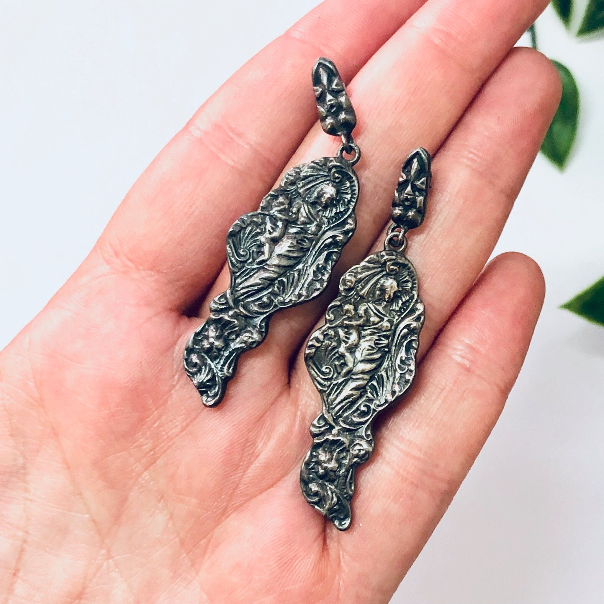 Vintage Earrings, Silver Earrings, Figural Jewelry, Art Nouveau Style, Lady Earrings, Unique Jewelry, Dangle Earrings, Vintage Jewelry, 925