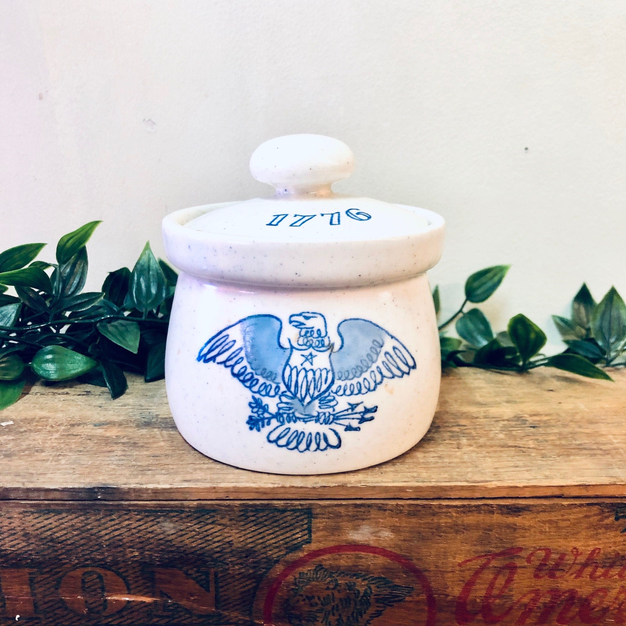 Vintage Container, Lidded Container, 1776 Jar, White and blue, Eagle Jar, Mini Crock, Lidded Crock, Vintage Home Decor, Vintage Pottery