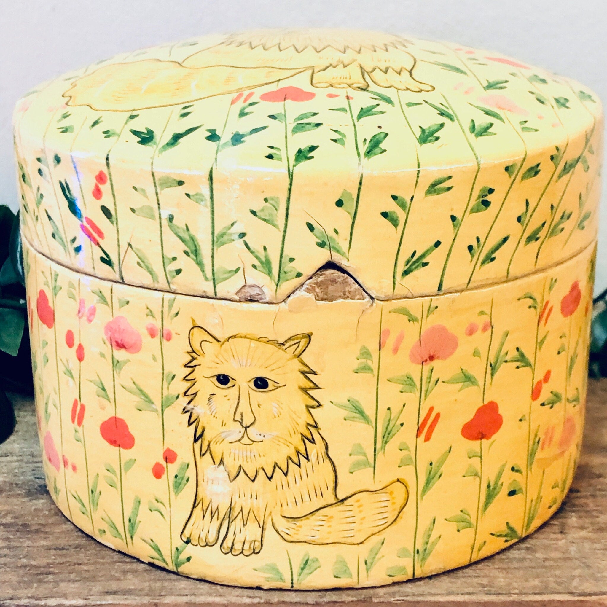 Vintage Box, Lidded Container, Unique Container, Lion Container, Yellow Decor, yellow Box, Flower Box, Lion Box, Cartoon Lion, Green, Red