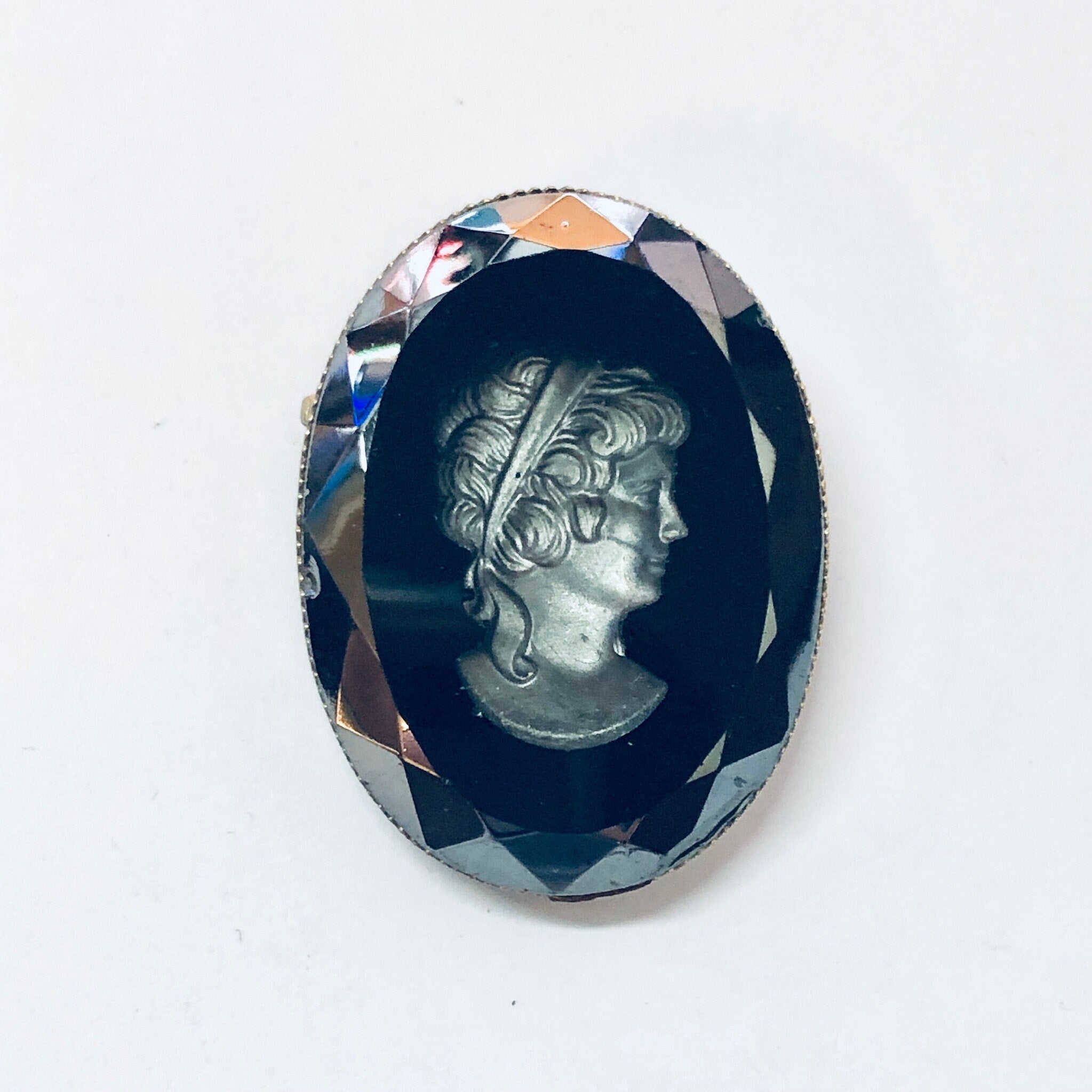 Vintage Cameo, Black Cameo, Unique Cameo, Cameo Brooch, Vintage Brooch, Vintage Pin, Silver and Black, Silver Toned Cameo, Etched Cameo,