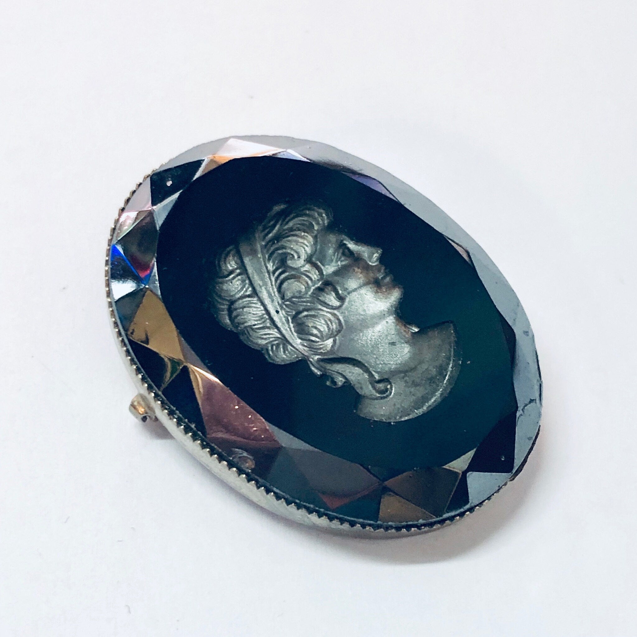 Vintage Cameo, Black Cameo, Unique Cameo, Cameo Brooch, Vintage Brooch, Vintage Pin, Silver and Black, Silver Toned Cameo, Etched Cameo,