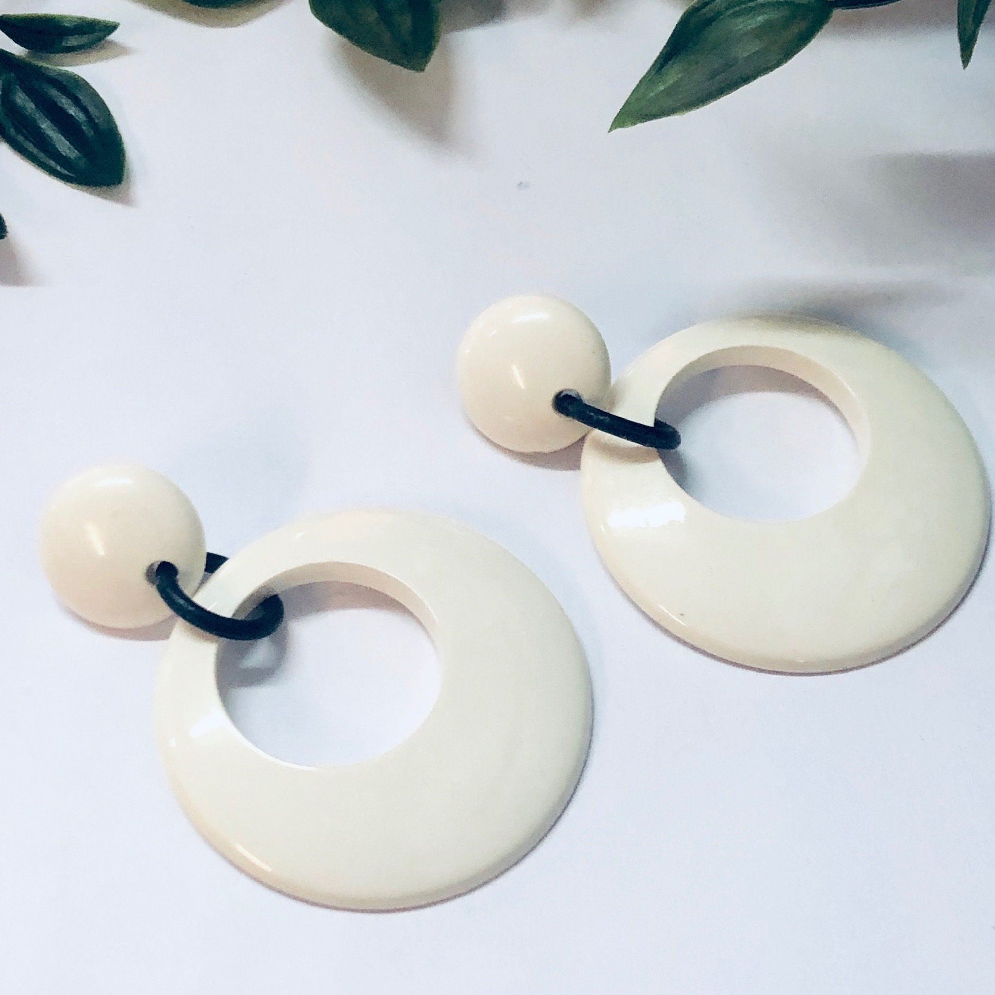 Vintage Earrings, Plastic Earrings, Costume Jewelry, Large Earrings, Dangle Earrings, Pierced Ears, White and Black, Minimalist, 70s Jewelry