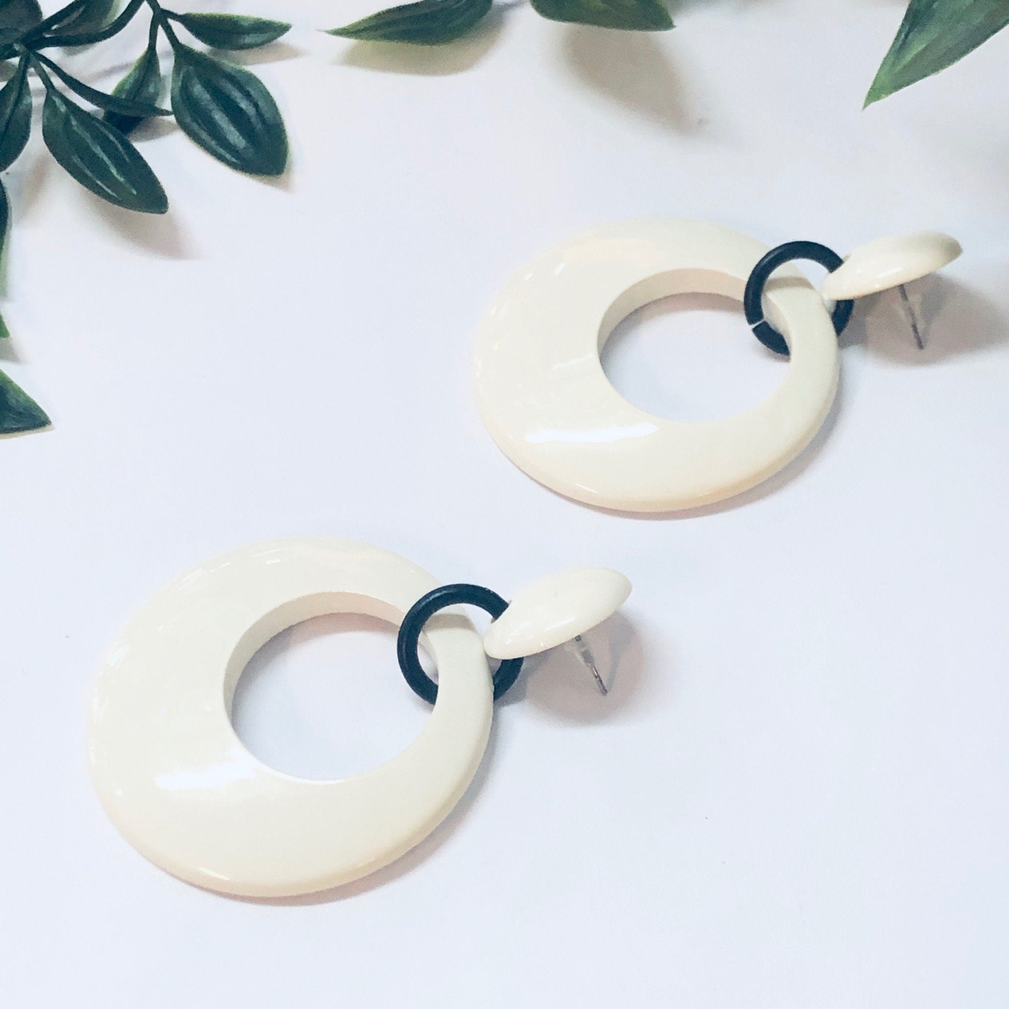 Vintage Earrings, Plastic Earrings, Costume Jewelry, Large Earrings, Dangle Earrings, Pierced Ears, White and Black, Minimalist, 70s Jewelry