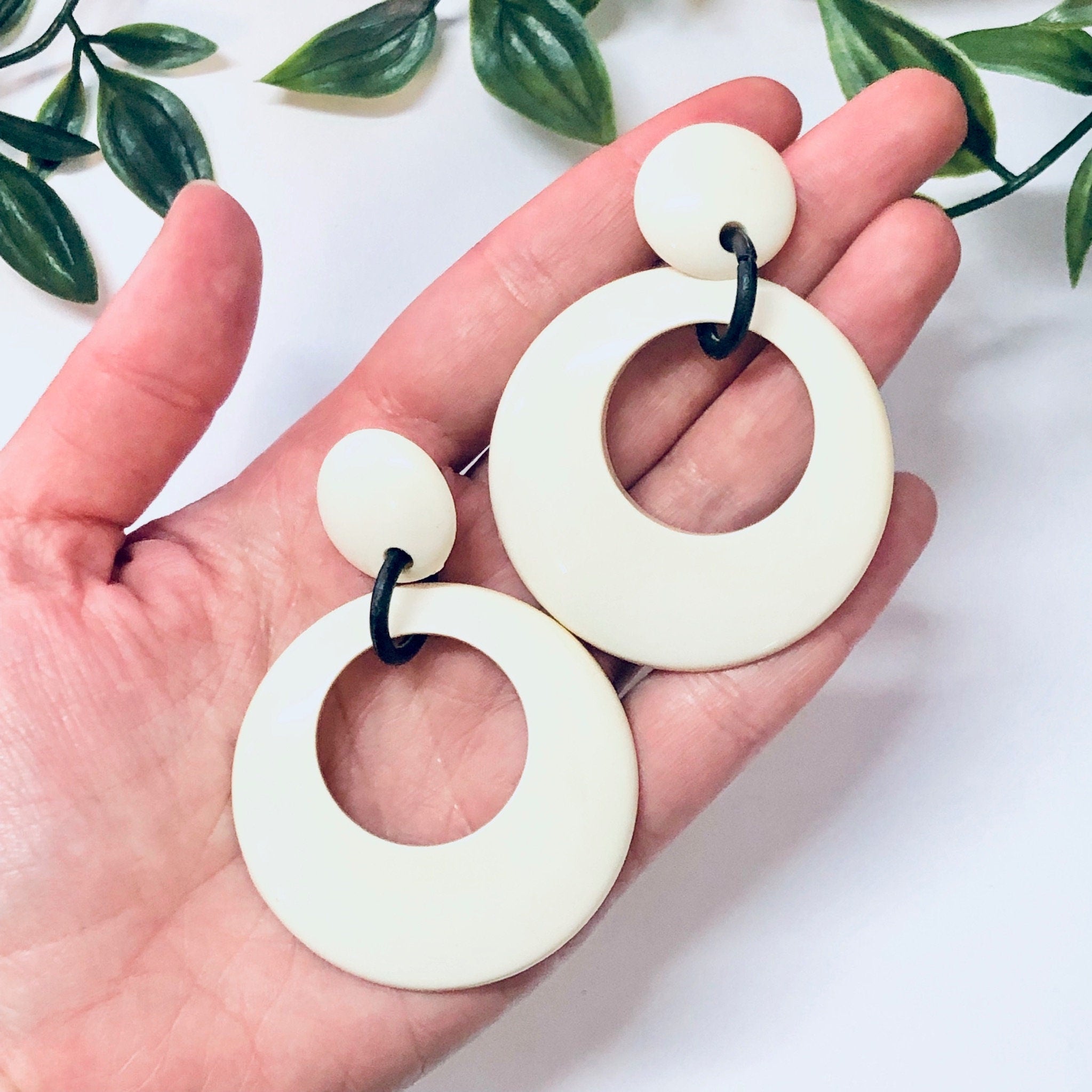 Vintage Earrings, Plastic Earrings, Costume Jewelry, Large Earrings, Dangle Earrings, Pierced Ears, White and Black, Minimalist, 70s Jewelry