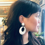 Vintage Earrings, Plastic Earrings, Costume Jewelry, Large Earrings, Dangle Earrings, Pierced Ears, White and Black, Minimalist, 70s Jewelry