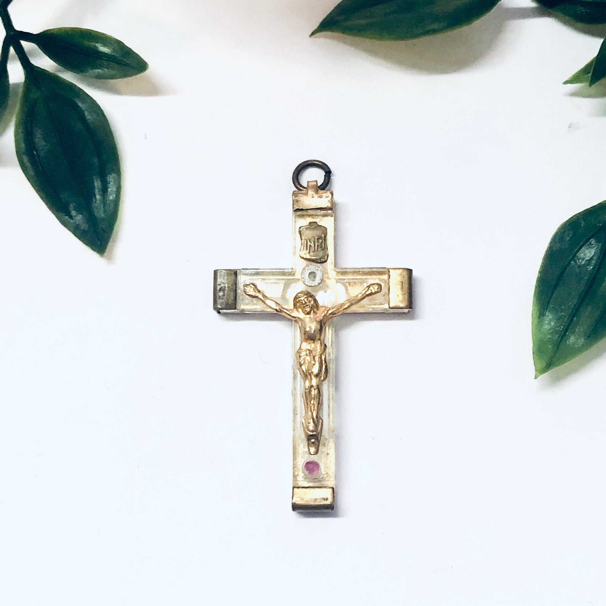Cross Pendant, Religious Jewelry, Vintage Jewelry, Crucifix Pendant, Gold Toned Pendant, Clear Cross, Vintage Necklace, Religious Pendant