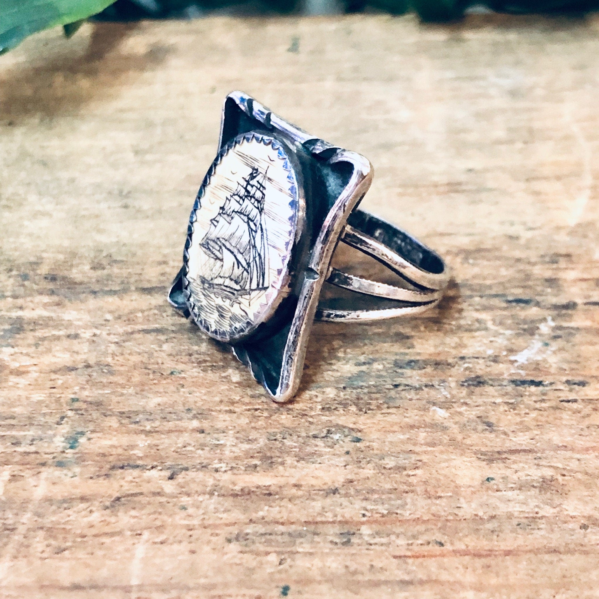 Scrimshaw Ring, Vintage Ring, silver Ring, Sailboat Ring, Boat Jewelry, Sailor Jewelry, Vintage Jewelry, Unique Ring, Rectangle Ring, Boats