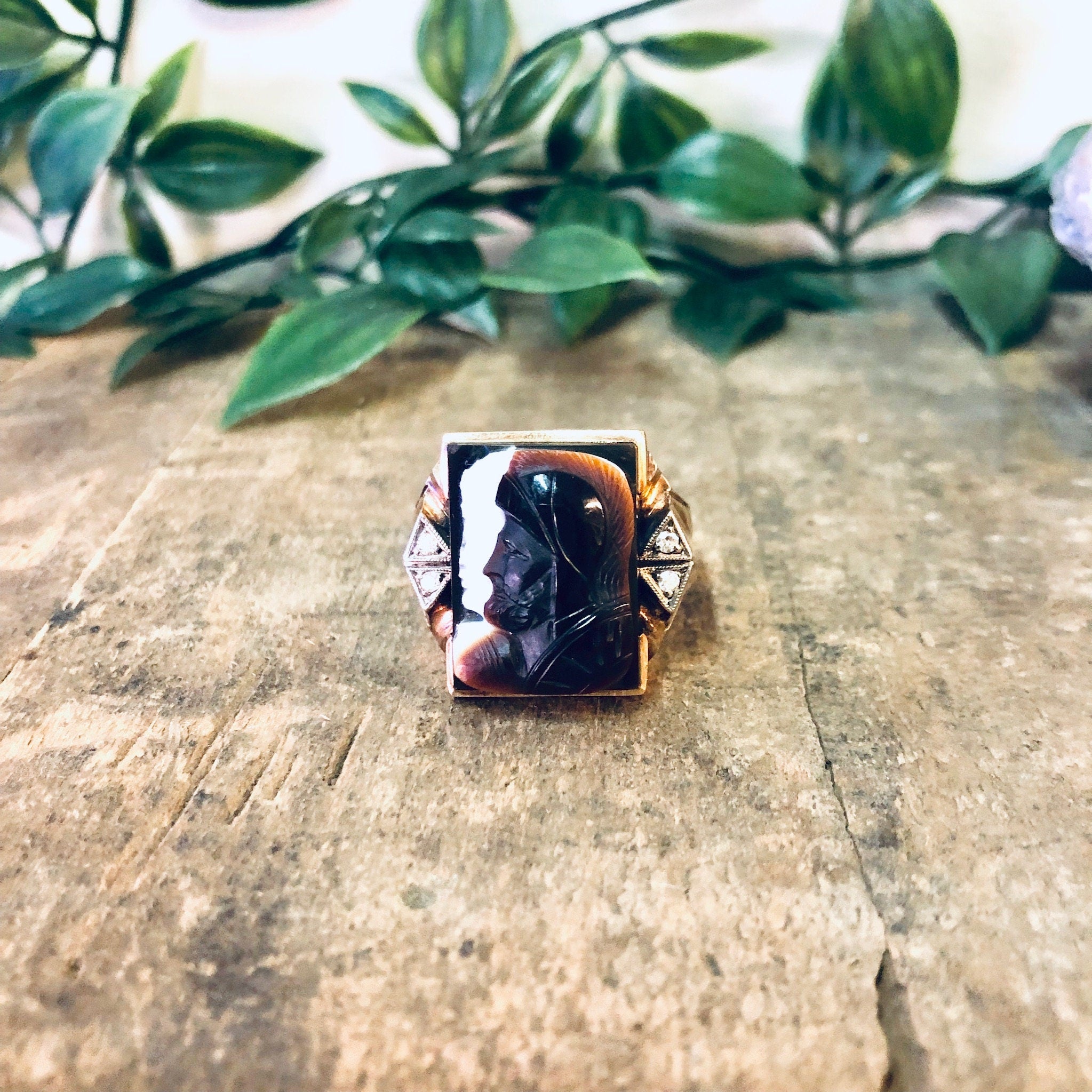 Vintage Gold Ring, 10K Gold Ring, Large Ring, Mens Jewelry, Cameo Ring, Cameo Jewelry, Vintage Jewelry, Diamond Ring, Brown Cameo, Gold