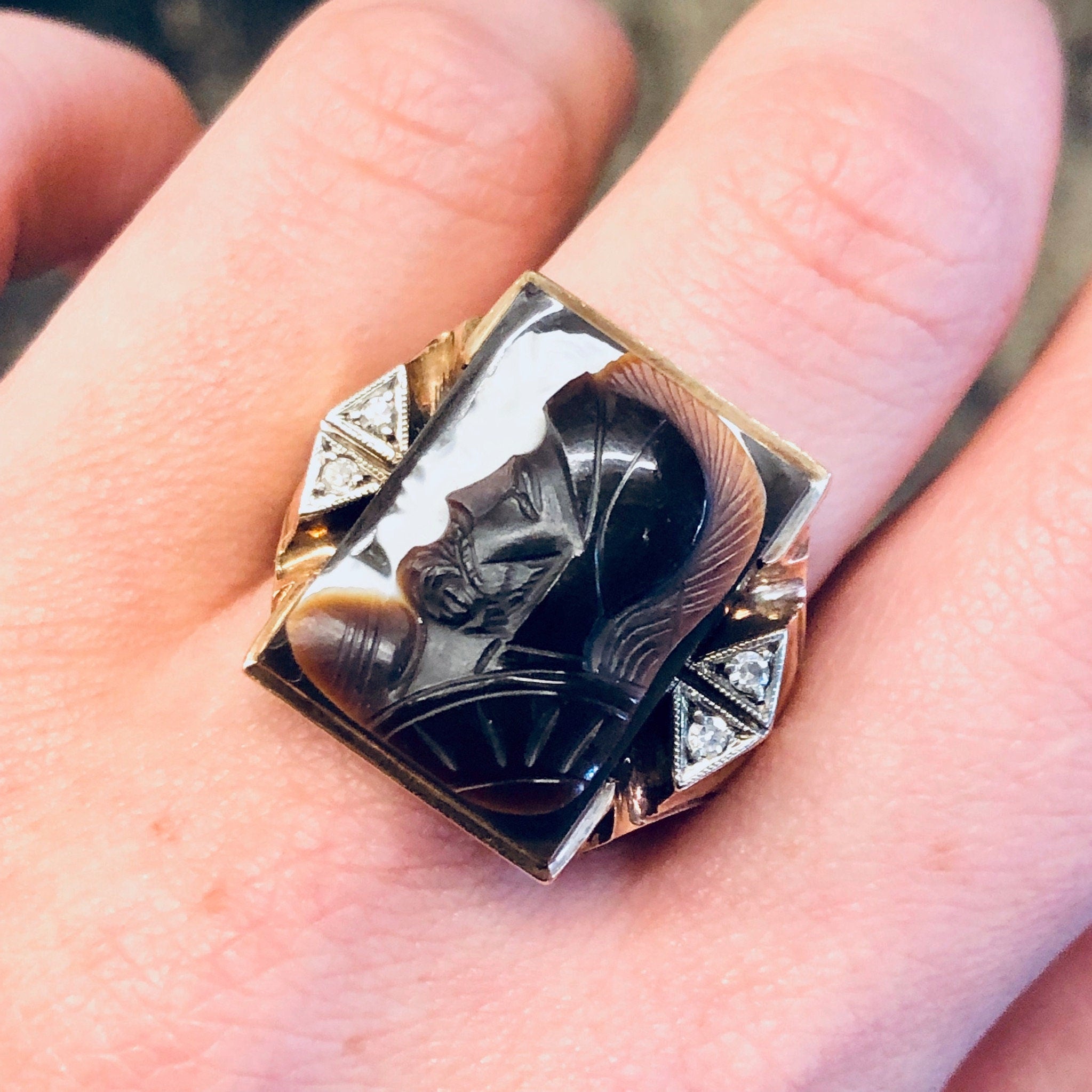 Vintage Gold Ring, 10K Gold Ring, Large Ring, Mens Jewelry, Cameo Ring, Cameo Jewelry, Vintage Jewelry, Diamond Ring, Brown Cameo, Gold