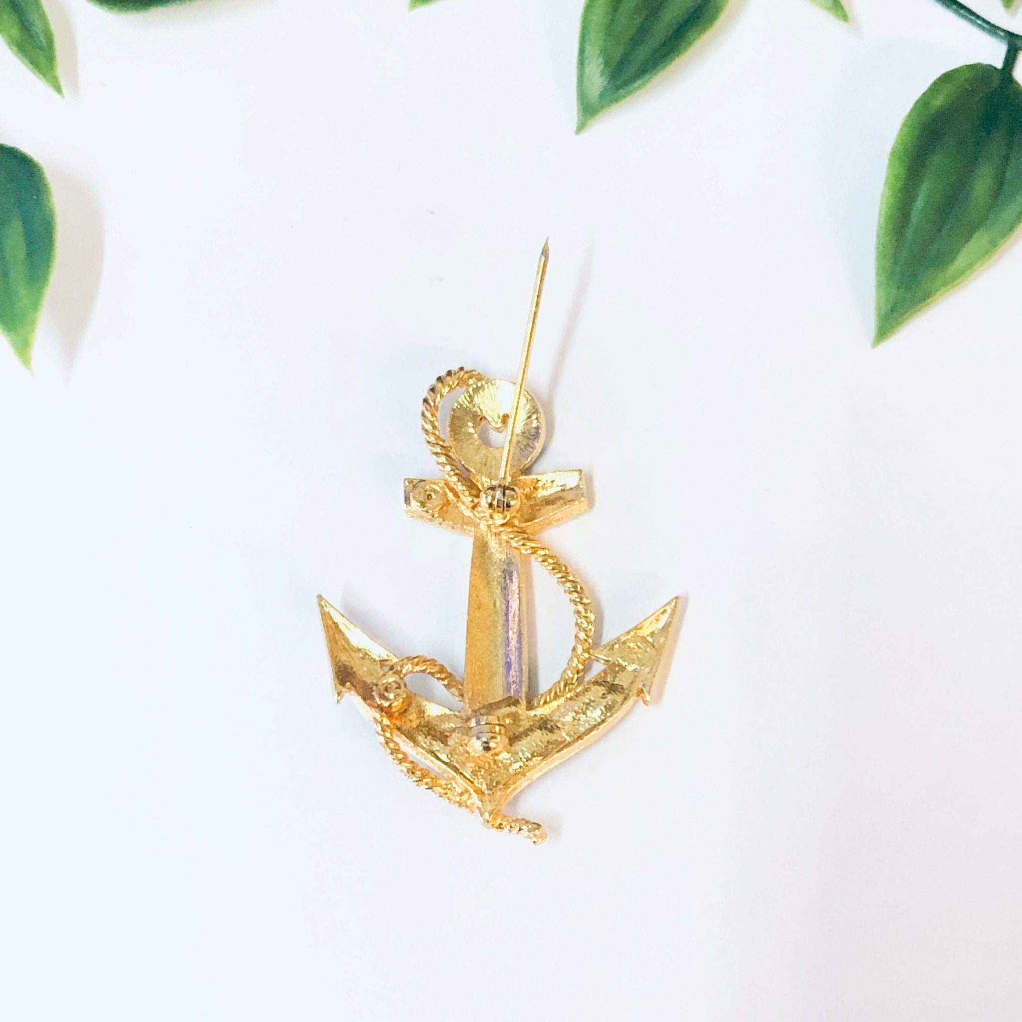 Vintage Brooch, Anchor Brooch, Anchor Pin, Sailor Jewelry, Vintage Jewelry, Blue Brooch, Gold Toned Pin, Costume jEwelry, Rope Brooch, Blue