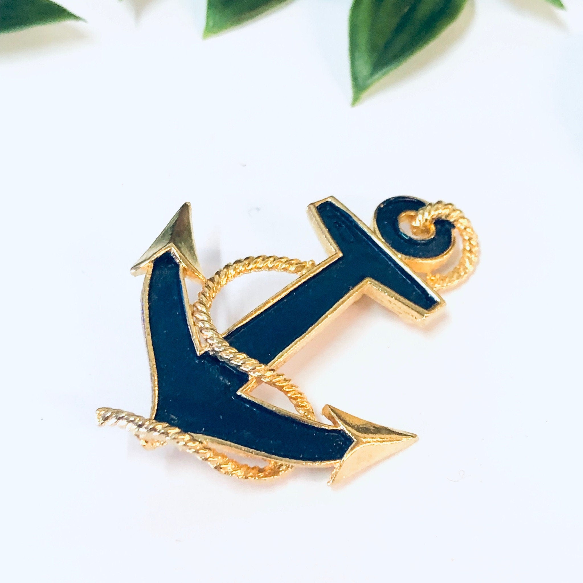 Vintage Brooch, Anchor Brooch, Anchor Pin, Sailor Jewelry, Vintage Jewelry, Blue Brooch, Gold Toned Pin, Costume jEwelry, Rope Brooch, Blue