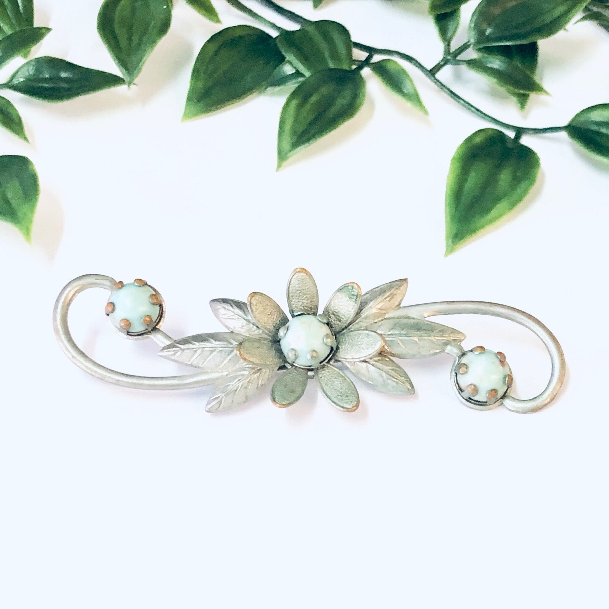 Vintage Brooch, Flower Brooch, Silver Toned Pin, Vintage Jewelry, Floral Jewelry, Blue Stones, Blue Beads, Long Pin, Vintage Pin, Flowers