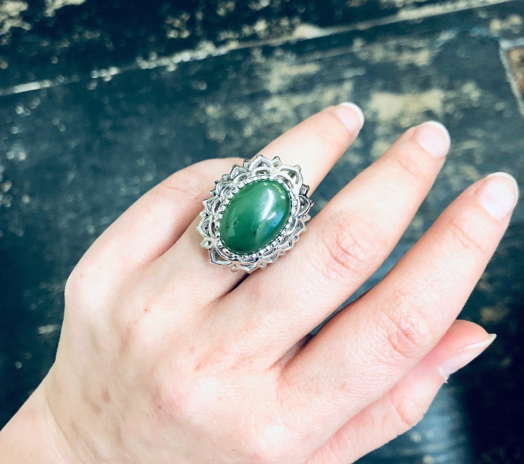 Vintage Ring, Silver Ring, Green and Silver, Vintage Jewelry, Green Stone, Statement Jewelry, Cocktail Ring, Unique Jewelry, Large Ring, 925