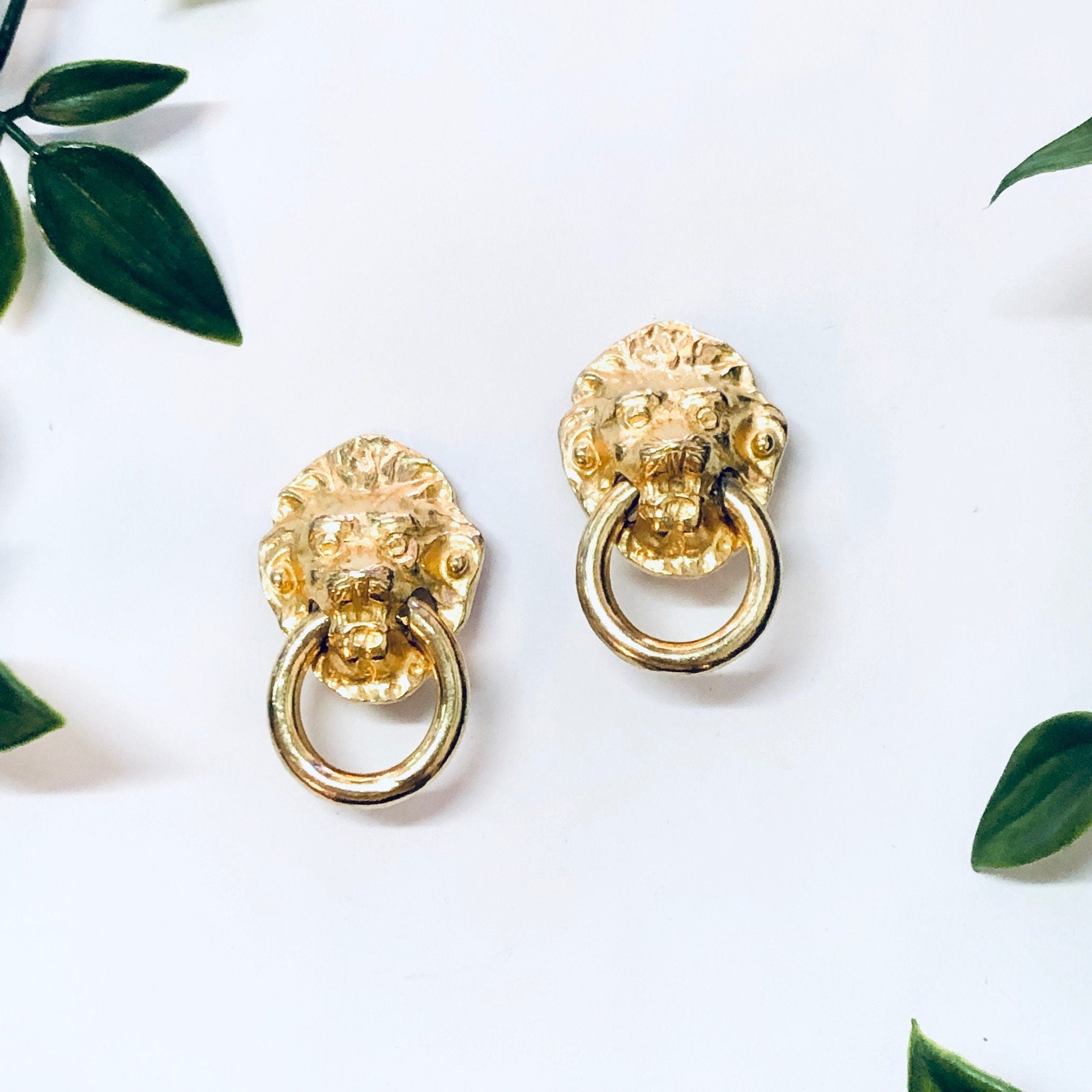 Vintage Earrings, Clip On Earrings, Lion Door Knocker Earrings, Large Earrings, Costume Jewelry, Gold Toned Earrings, Vintage Jewelry, Lion