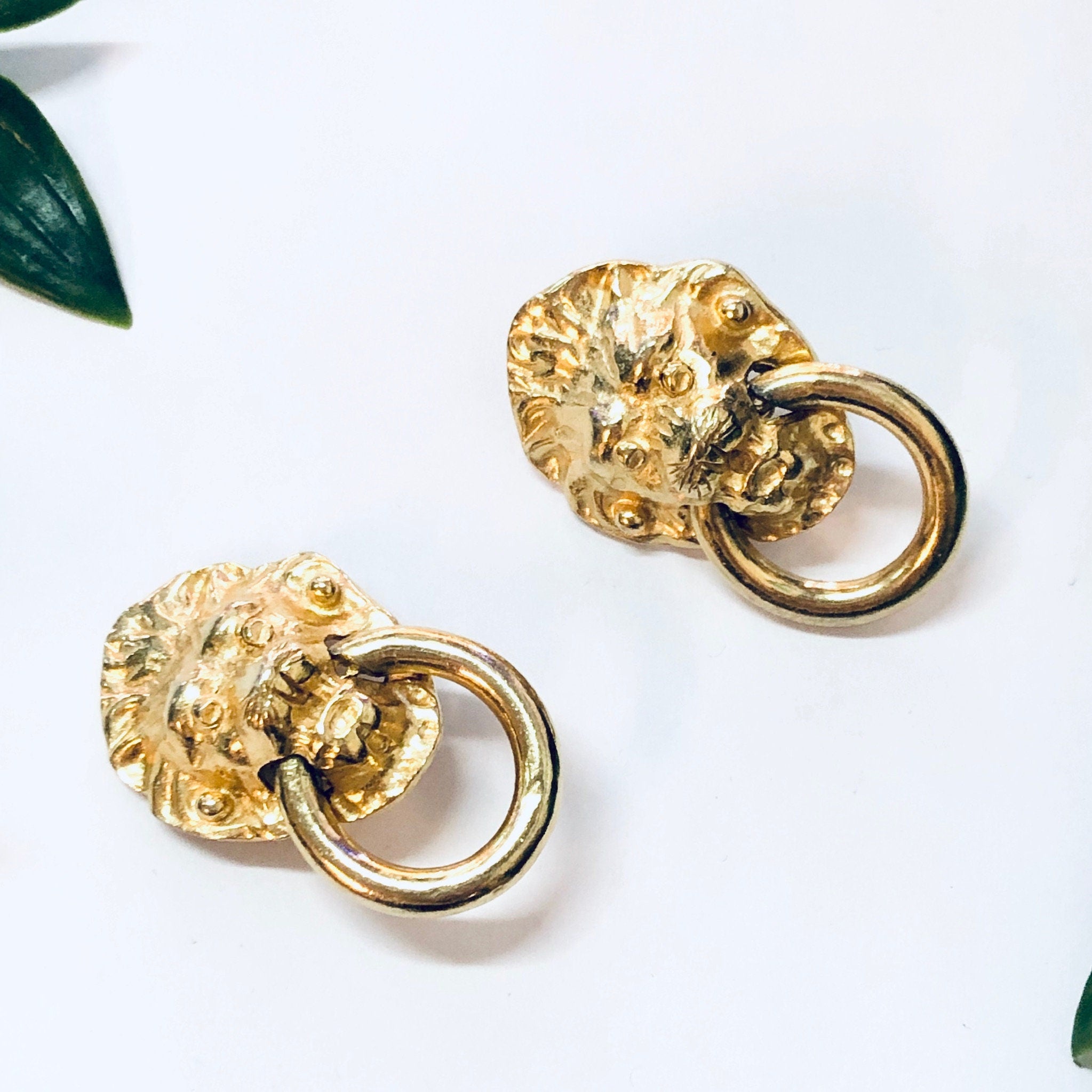 Vintage Earrings, Clip On Earrings, Lion Door Knocker Earrings, Large Earrings, Costume Jewelry, Gold Toned Earrings, Vintage Jewelry, Lion